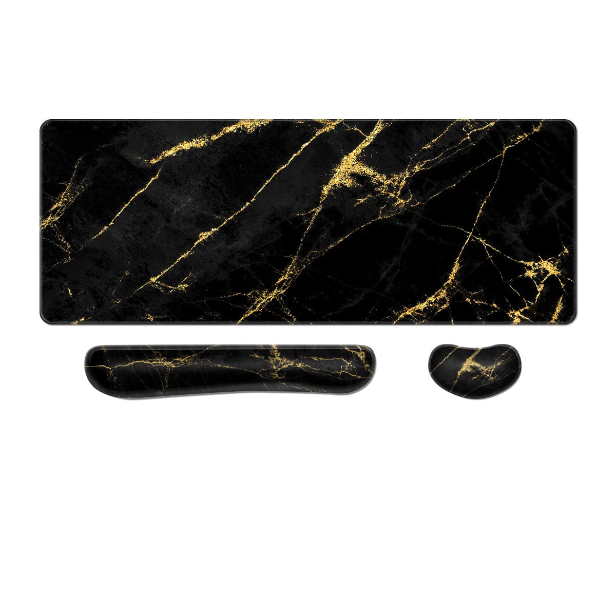 MIBITRI Gaming Mouse Pad Set - XXL Memory Foam Desk Mat with Wrist Rest for Pain Relief | Black Gold Marble for PC Gamers & Office Work