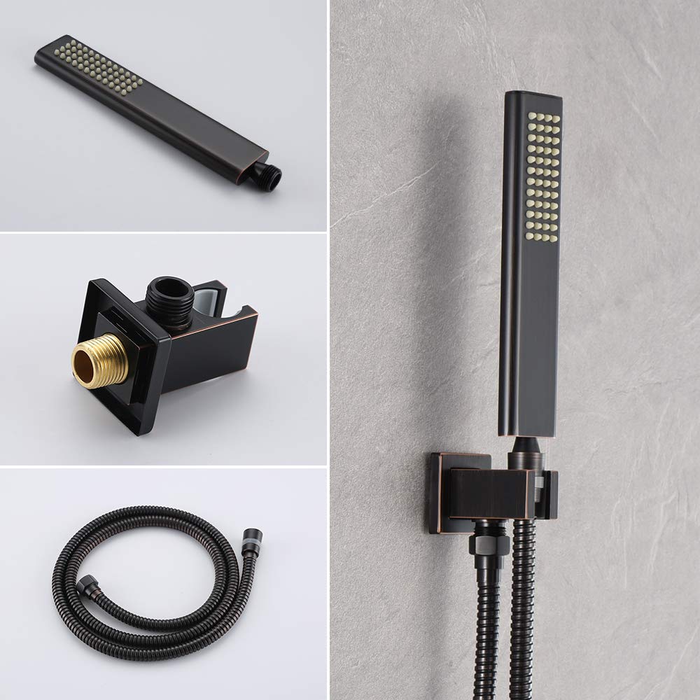 Oil Rubbed Bronze Shower System - 12 Inch Square Rainfall Shower Head & Handheld Spray - Wall Mounted Bathroom Faucet Set with Mixer Valve & Trim Kit (Valve Included) - Perfect for Modern & Luxury Bathroom Renovations