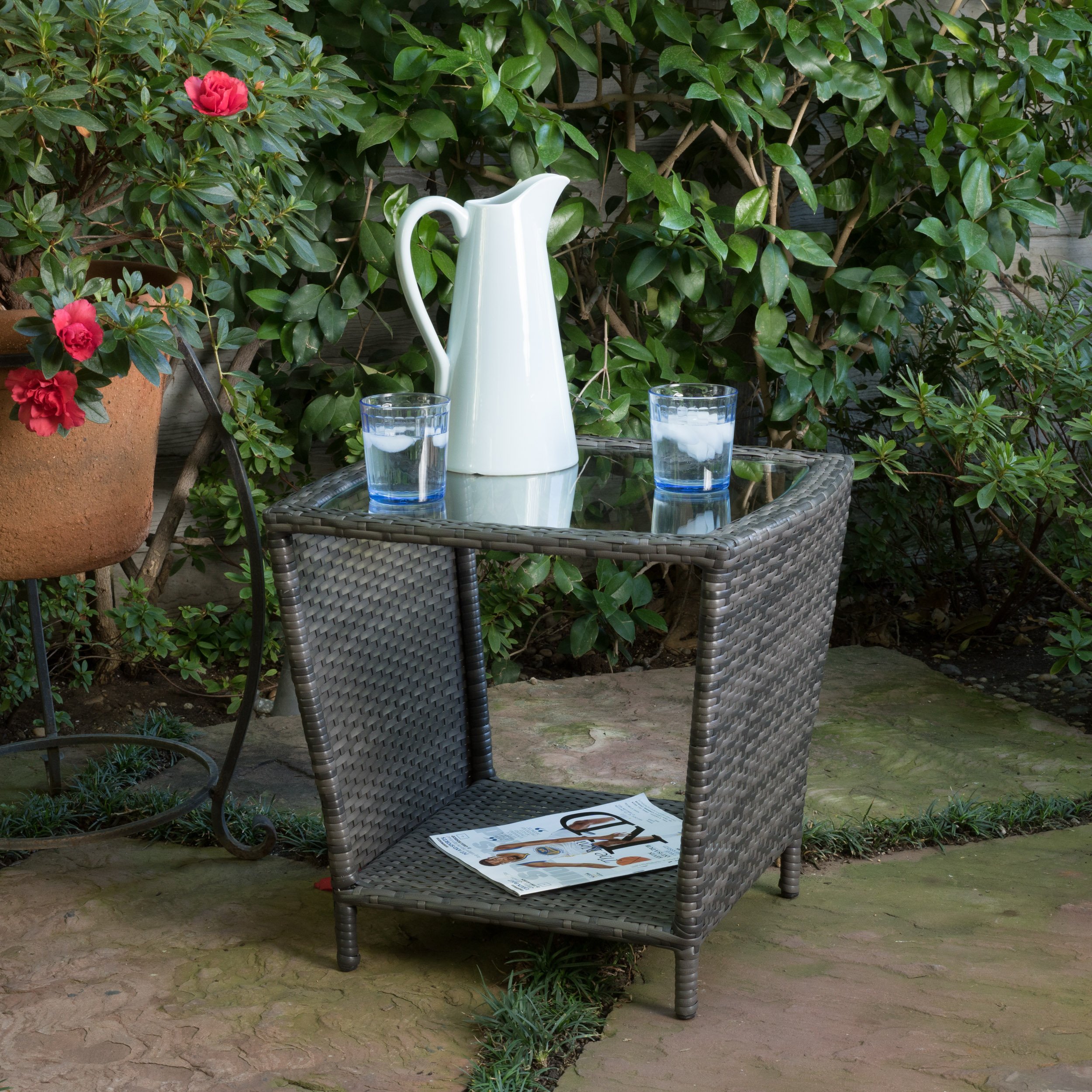 Christopher Knight Home Weston Outdoor Wicker Side Table with Glass Top, Grey - Patio Furniture for Poolside, Garden, and Deck Use
