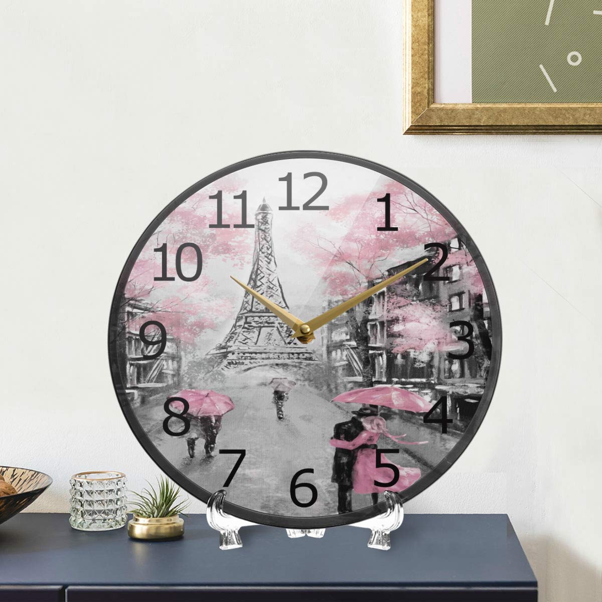 ALAZA Paris Eiffel Tower Couple Pink Floral Acrylic Painted Silent Non-Ticking Round Wall Clock - 9.5 Inch Battery Operated Quiet Decorative Clock for Home, Bedroom, Living Room, Dorm, Office & School - Perfect Romantic Gift & Wall Art Decor for Couples, Anniversaries & French-Themed Spaces