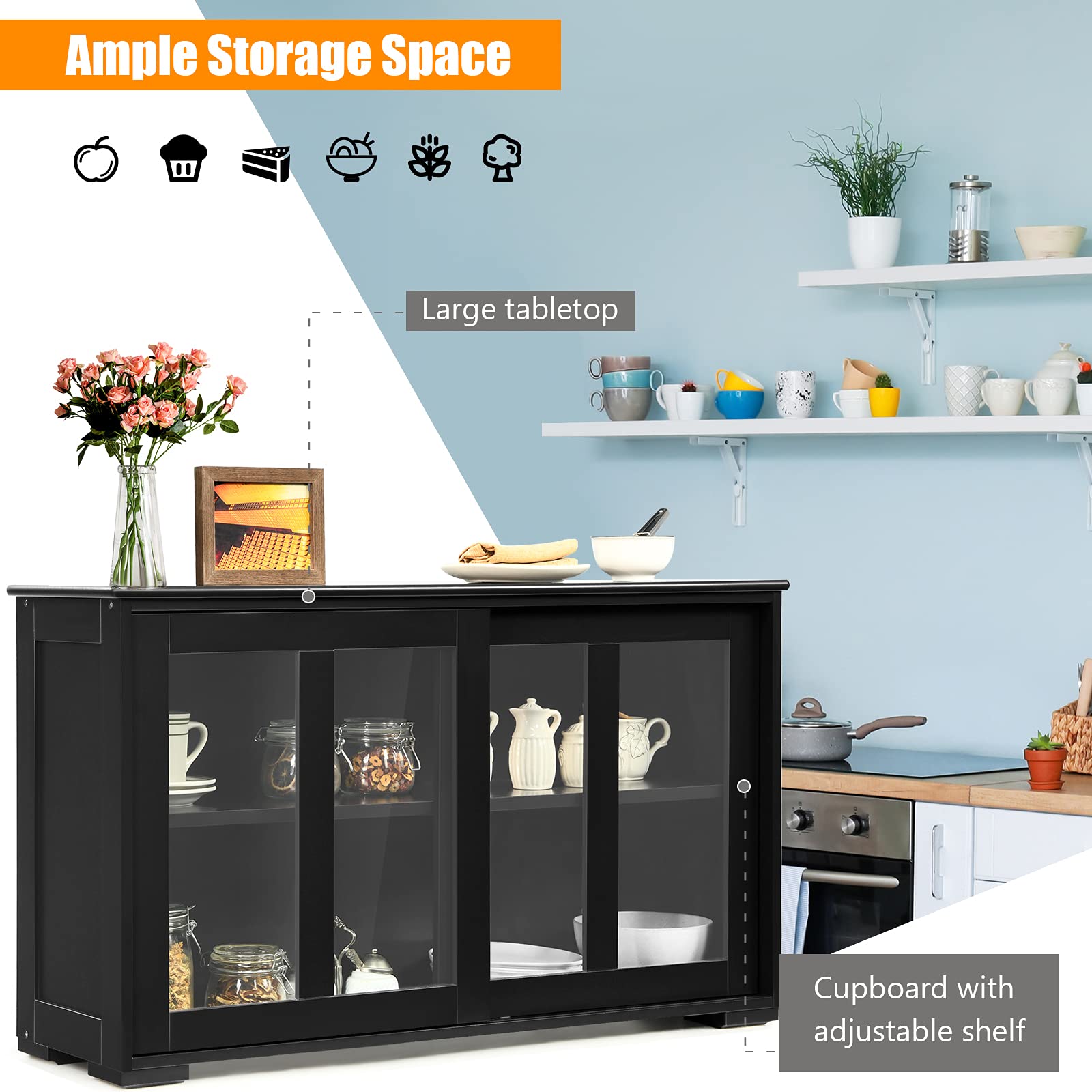 Stackable Sideboard Buffet Cabinet with Adjustable Shelves & Glass Sliding Doors - Wooden Storage Credenza for Kitchen, Dining Room, Living Room & Entryway - Perfect for Coffee Bar Setup, Home Organization & Stylish Storage (Black)