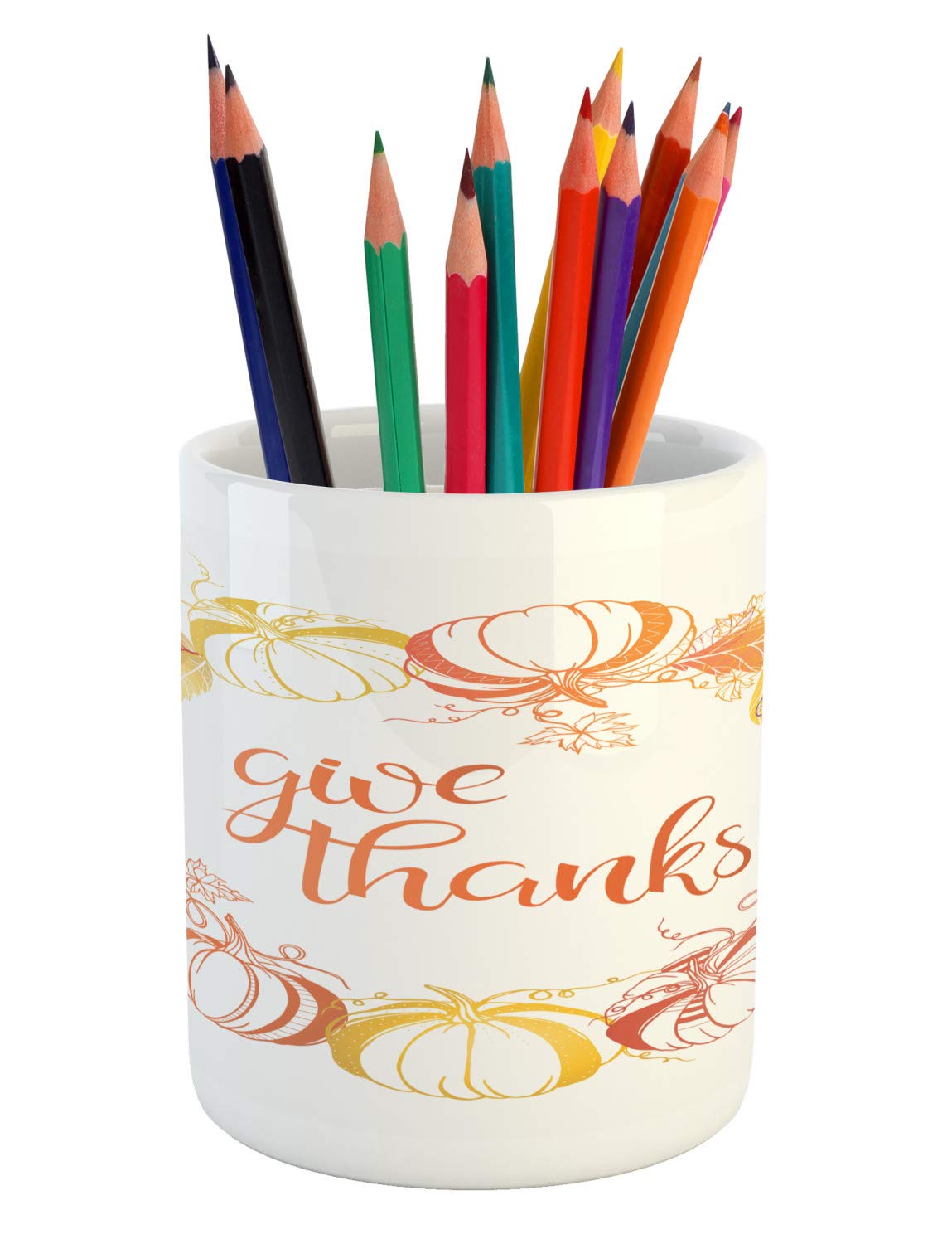 Lunarable Thanksgiving Ceramic Pen Holder - Autumn Wreath Design with Pumpkins & Leaves, Multicolor Desk Organizer for Office & Home | Perfect for Fall Decor & School Supplies