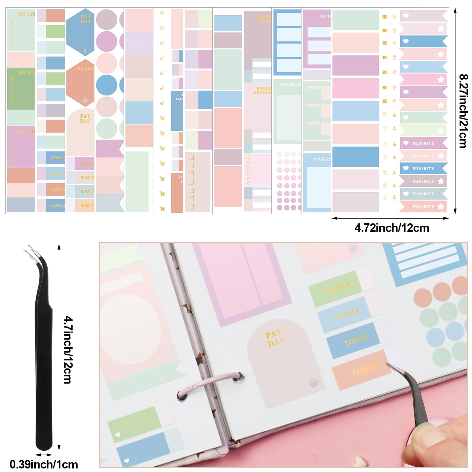 Pastel Planner Stickers Set - 24 Sheets Mixed Metallic Functional & Elegant Stickers with Free Tweezer for Bullet Journals, Scrapbooking & Budgeting (Cute Color Collection) - Perfect for DIY Planning, Gift Wrapping & Home Organization