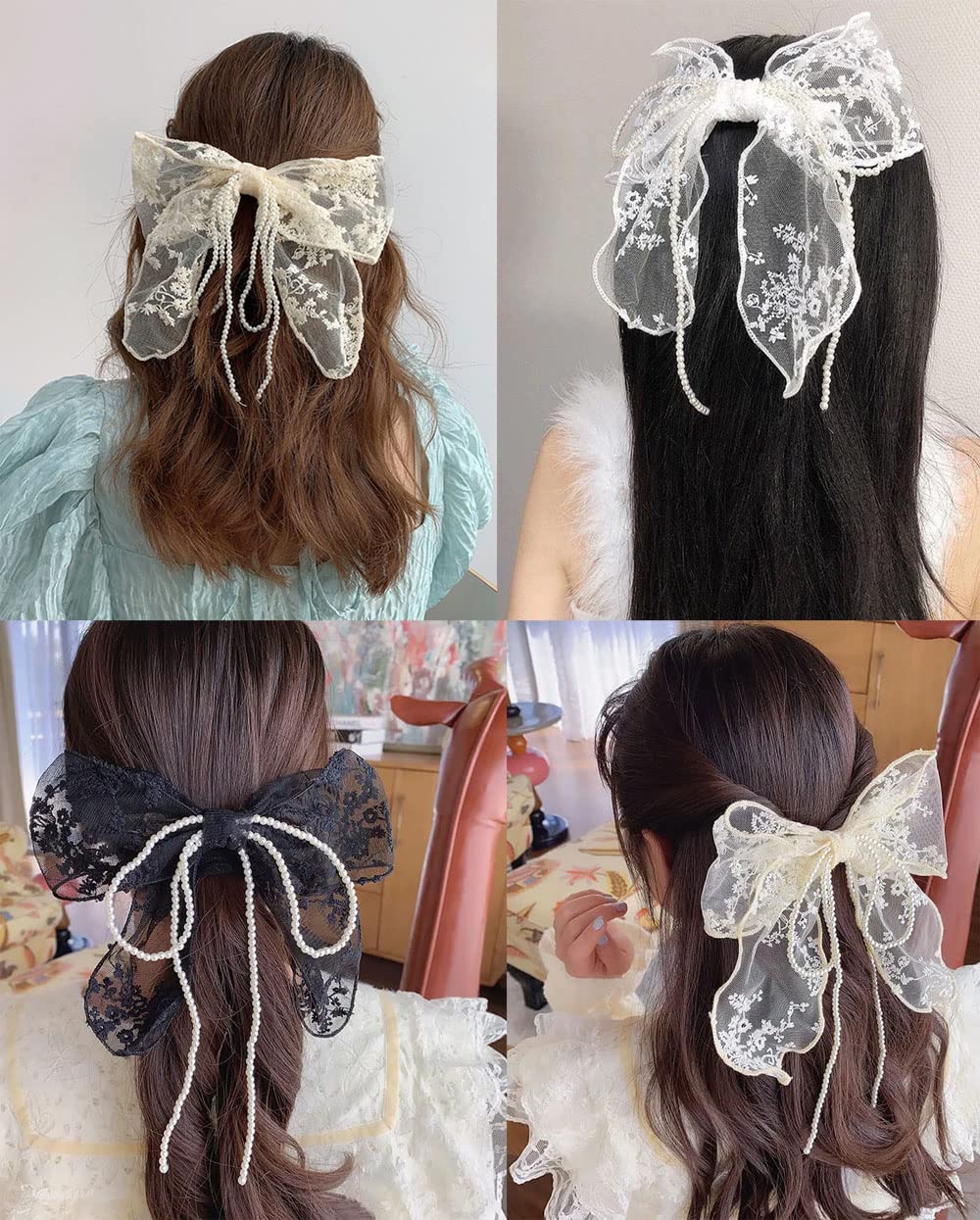 3-Piece Lace Bow Pearl Chain Hair Clips - Flower Embroidery Non-Slip Barrettes for Women & Girls (White/Beige/Black) | Perfect for Weddings, Parties & Everyday Hair Accessories
