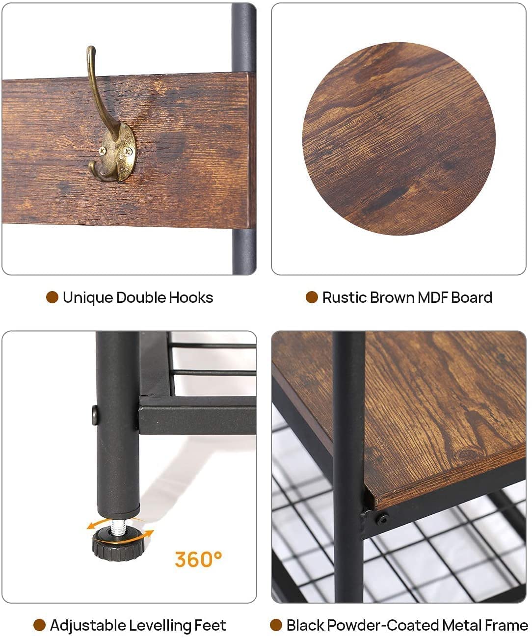 QCen 72 Inch Industrial Hall Tree Entryway Bench with Coat Rack & Shoe Storage - Wood Look Accent Furniture with 12 Hooks & Metal Frame - Perfect for Mudroom, Foyer & Small Space Organization