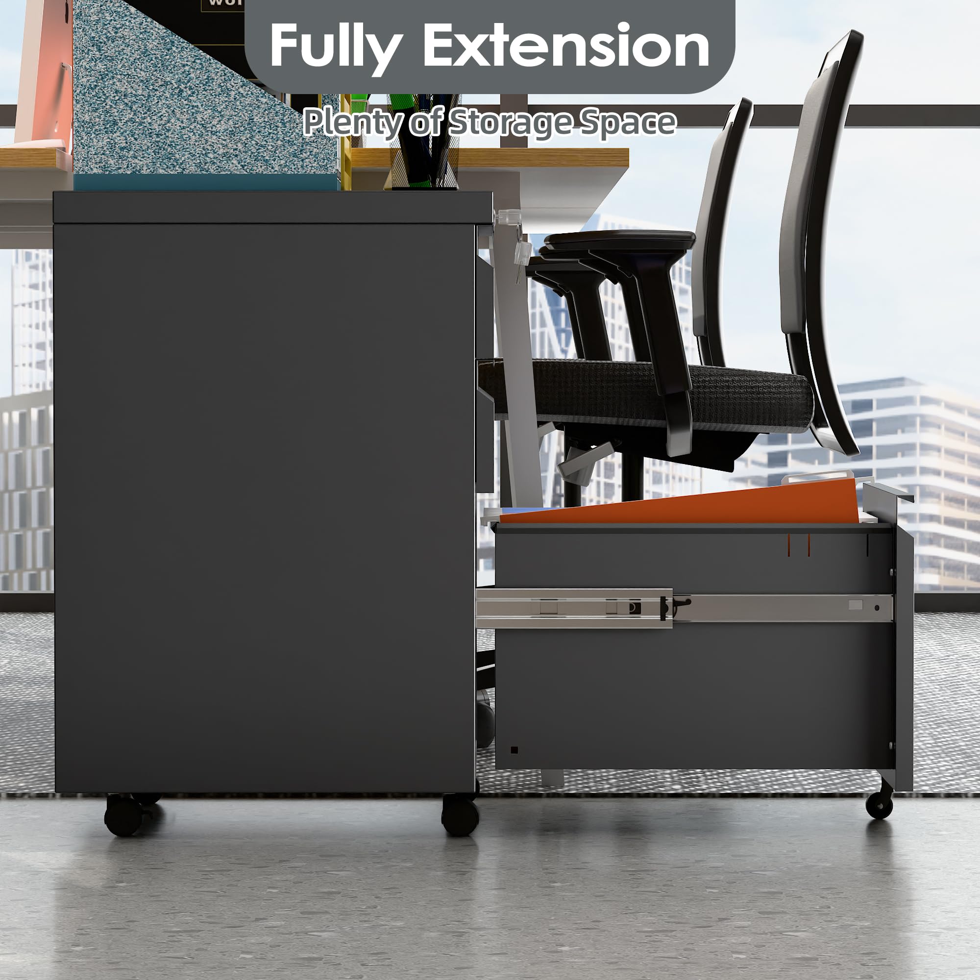 3-Drawer Mobile File Cabinet with Lock - Under Desk Metal Filing Cabinet with Wheels for Legal & A4 Documents - Fully Assembled (Wheels Not Included) - Black - Perfect for Home Office, Classroom, and Small Business Organization