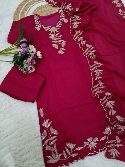 Rani Vichitra Silk Embroidered Salwar Suit Set - Traditional Indian Ethnic Wear for Women | Perfect for Weddings, Festivals & Special Occasions