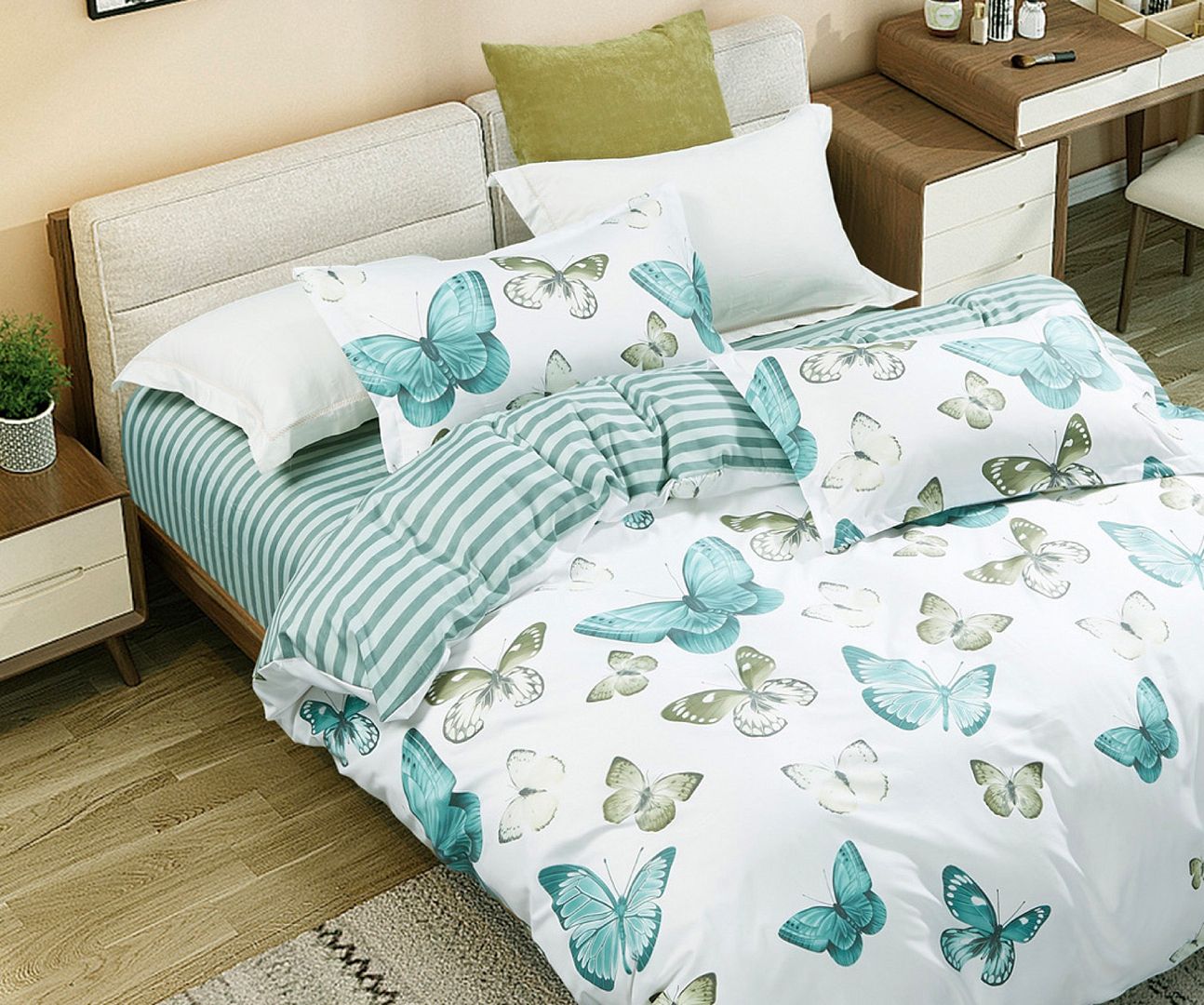 Fleur Butterfly King Size Quilt Cover Set - Luxury 100% Cotton Duvet Cover with Pillowcases - Perfect for Master Bedroom, Guest Room & Hotel Decor