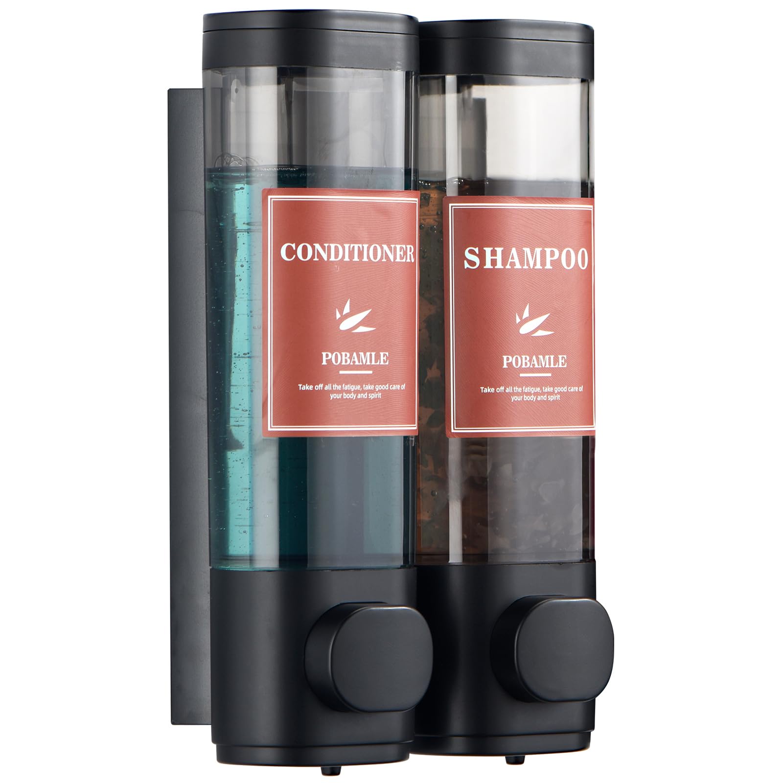 Wall Mounted Shampoo & Conditioner Dispenser - No Drill 2-Chamber Soap Dispenser for Shower, Bathroom Body Wash & Shower Gel Holder (Black) - Perfect for Space-Saving Bathroom Organization & Hands-Free Shower Convenience