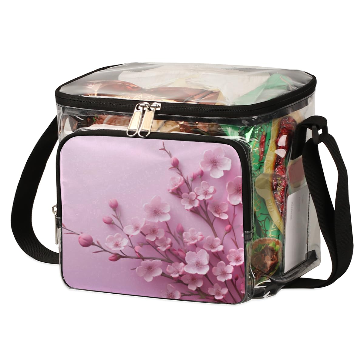 GzLeyigou Clear Transparent Tote Bag with Peach Blossom Floral Design - Crossbody Shoulder Bag for Women, Lunch Bag for Outdoor, Travel, Picnic, Concerts & Sports Events (Stadium Approved) - Perfect for Beach, Shopping, Music Festivals & Daily Use
