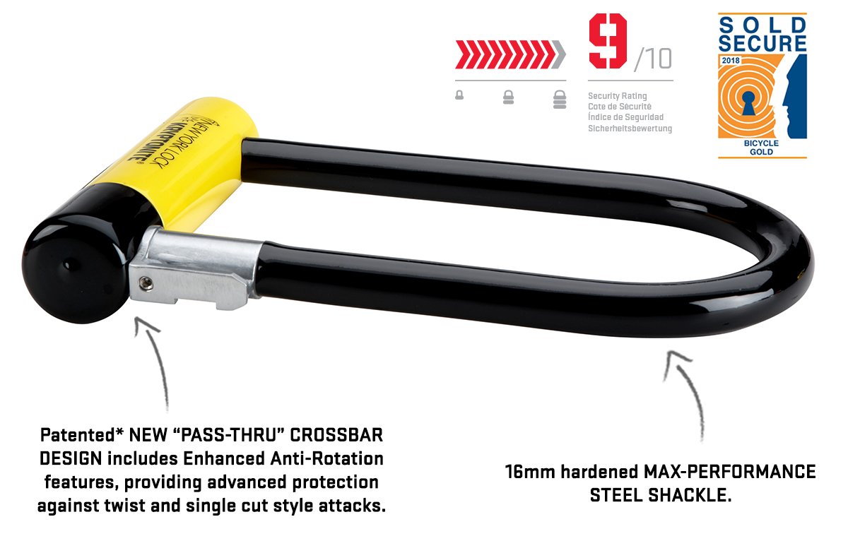 Kryptonite New-U New York Standard Heavy Duty Bicycle U Lock with 785 Integrated Chain - 16mm Steel Shackle, 33.5-Inch Bike Lock (Black/Yellow/Grey/Purple/Red) - Secure Your Bike, Scooter, or Motorcycle in Urban Areas & High-Theft Locations