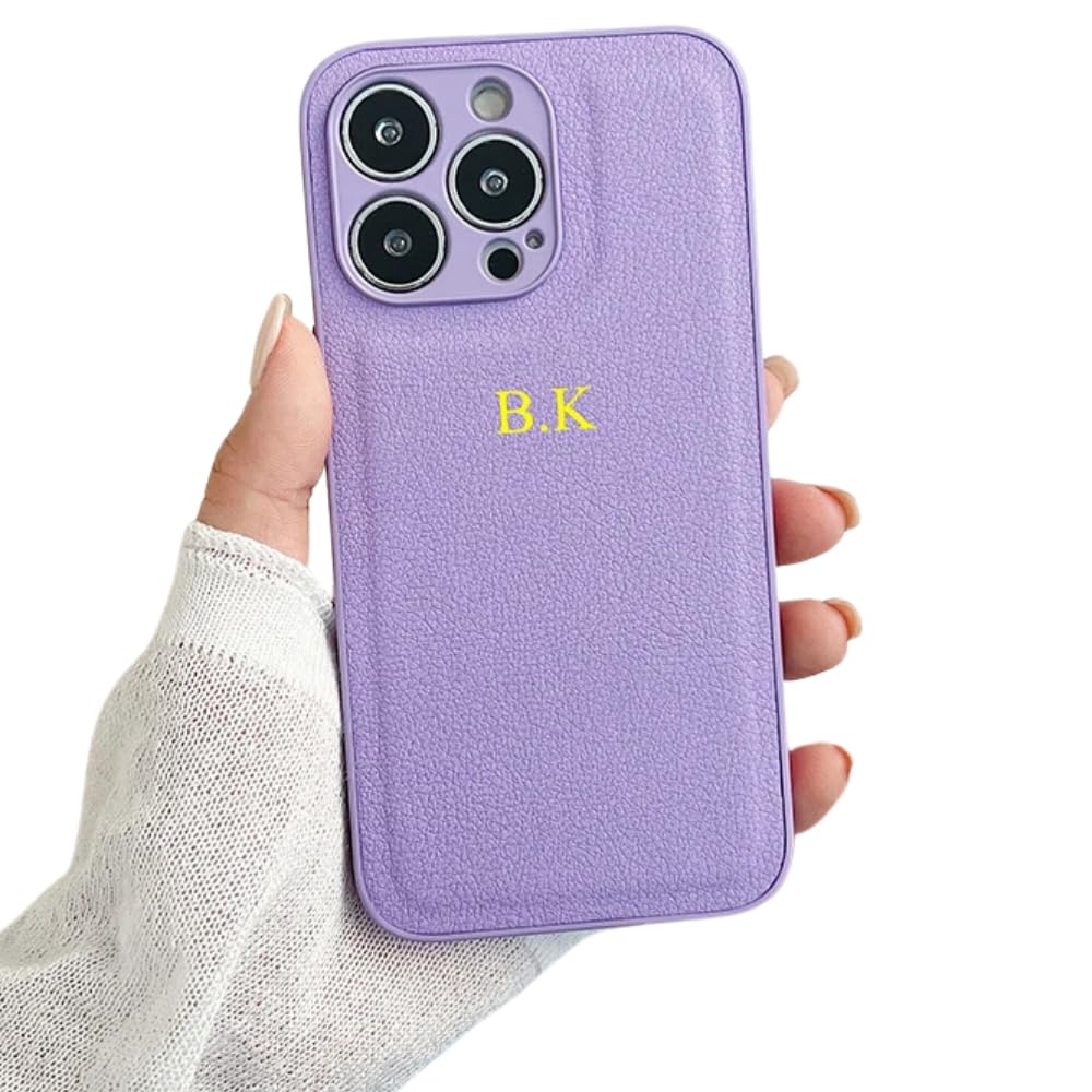 Custom Embossed Leather Phone Case for iPhone 16/15/14/13/12/11 Plus Pro Max - Personalized with Text, Date, Name, Initials & Monogram - Engraved Gift Idea (Purple) - Perfect for Anniversary, Birthday & Valentine's Day Gifts