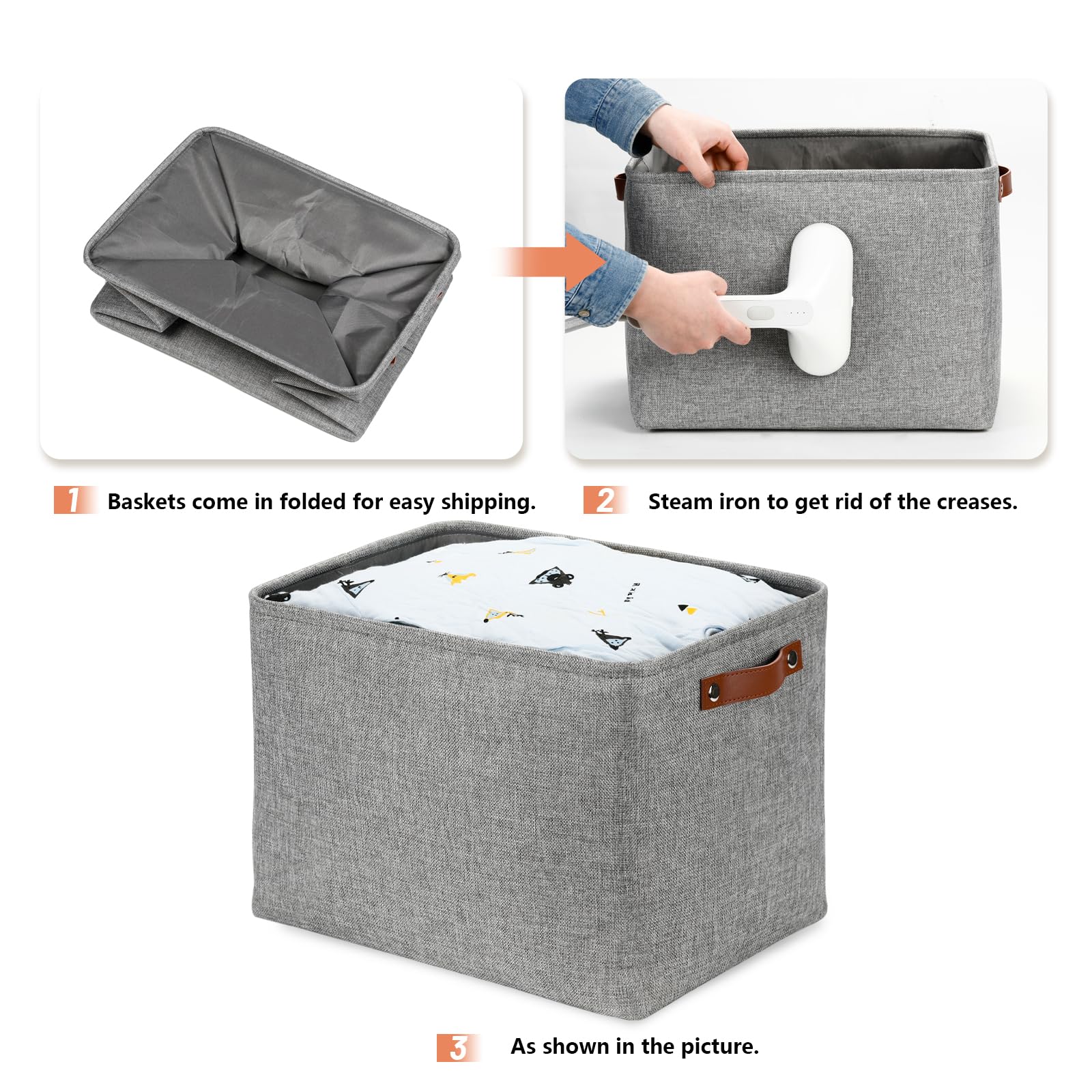 DULLEMELO 3-Pack Foldable Storage Baskets - Large Fabric Bins for Clothes, Toys & Nursery Organization (Gray) - Perfect for Shelves & Closets