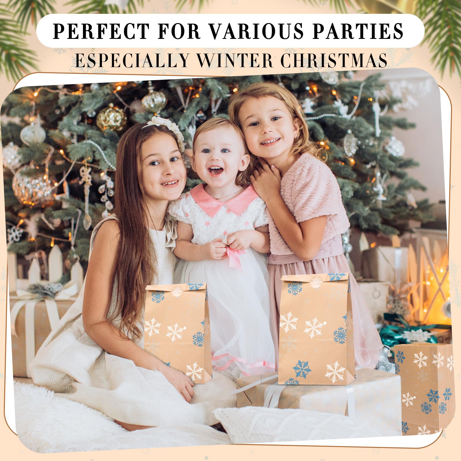 Cholemy 60 Pcs Christmas Snowflake Gift Bags with Sealing Stickers - 5.1 x 9.4 x 3.1 Inch Kraft Paper Goodie Bags for Holiday Party Favors, Treats & Cookies | Perfect for Xmas Decorations, Winter Weddings & DIY Gift Wrapping