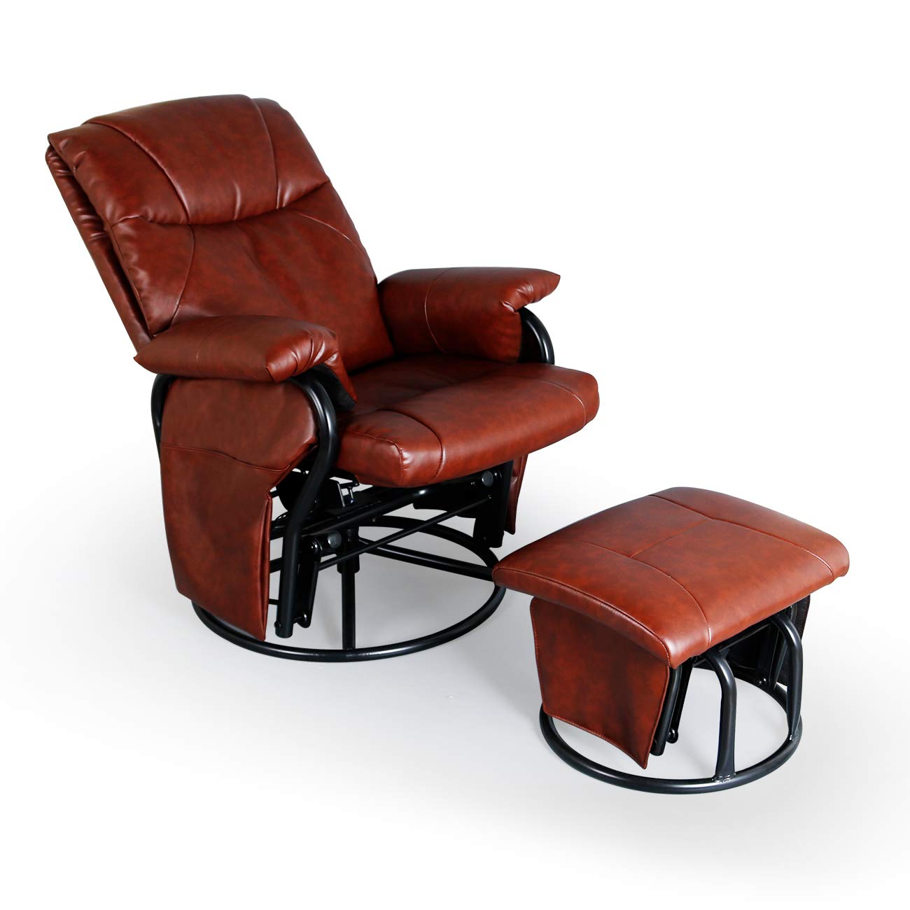360° Swivel PU Leather Glider Chair with Ottoman - Rocking Recliner Lounge Chair Set for Living Room, Nursery & Patio (Brown) - Comfortable Armchair for Relaxing, Nursing & Reading