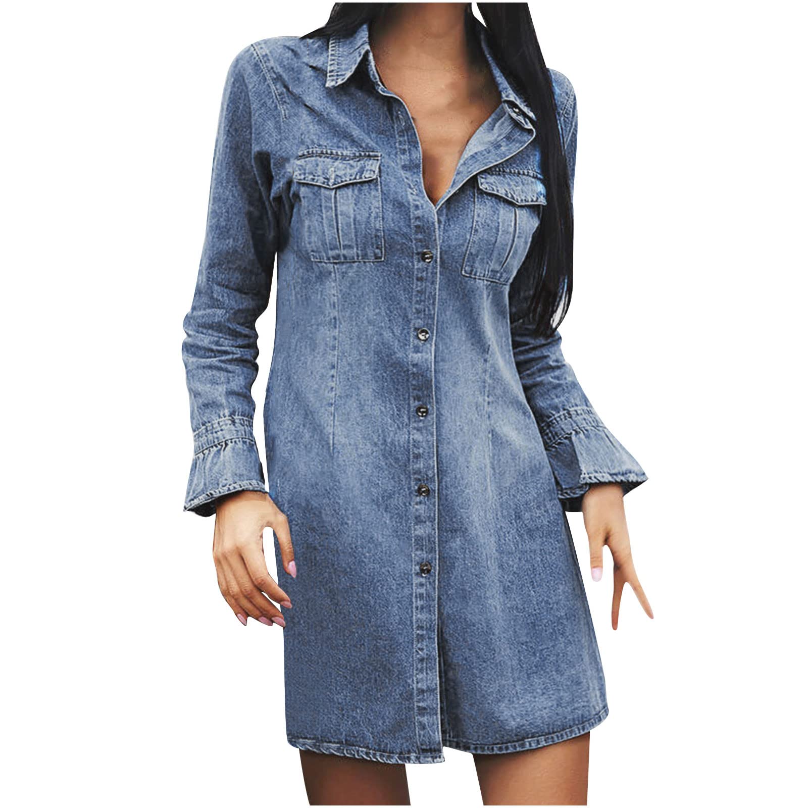 JUPAOPON Women's Casual Denim Dress - Lapel Long Sleeve Button Down Jean Short Dress with Pockets | Distressed Summer Mini Dress for Streetwear, Beach Outfits & Date Night Looks