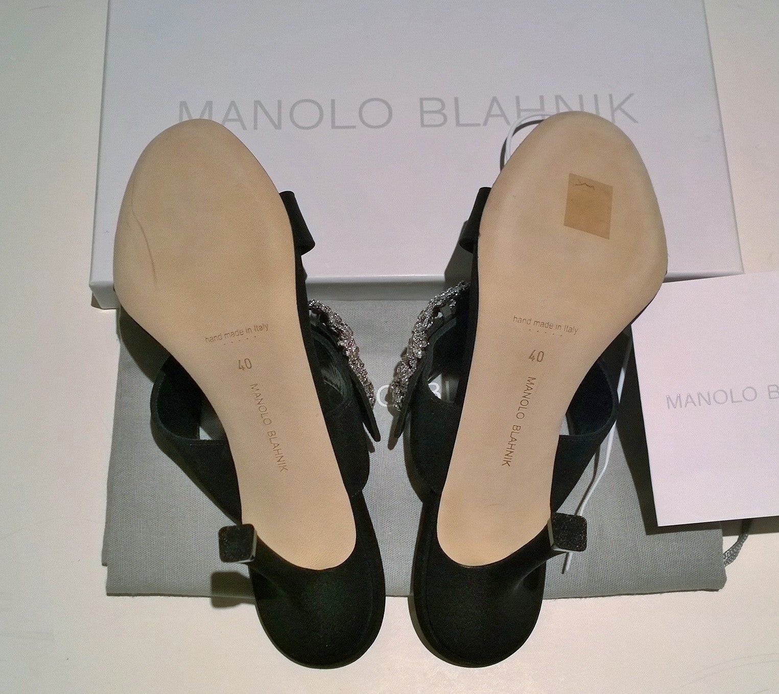 Manolo Blahnik Gable 90 Black Crepe Rhinestone Buckle Sandals - Women's Luxury Dressy Slide Sandals for Weddings, Parties & Evening Events
