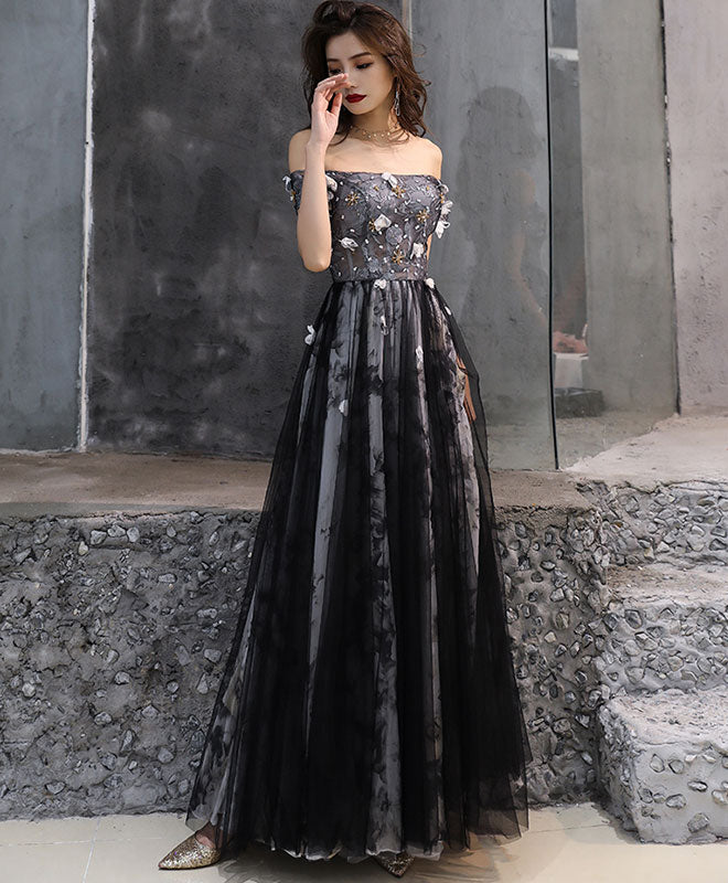 Elegant Black Tulle Lace Long Prom Dress with Flowy Skirt - Formal Evening Gown for Homecoming, Ball, Wedding & Special Occasions