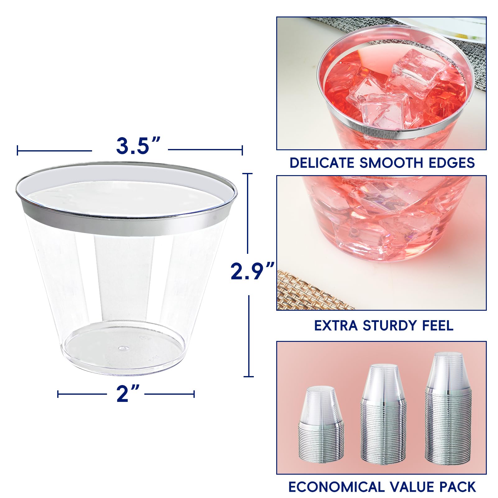 JOLLY CHEF 100 Pack 9 oz Clear Plastic Cups with Elegant Silver Rim - Disposable Silver Tumblers for Wedding, Party, Thanksgiving & Christmas - Perfect for Cocktails, Beverages and Celebrations