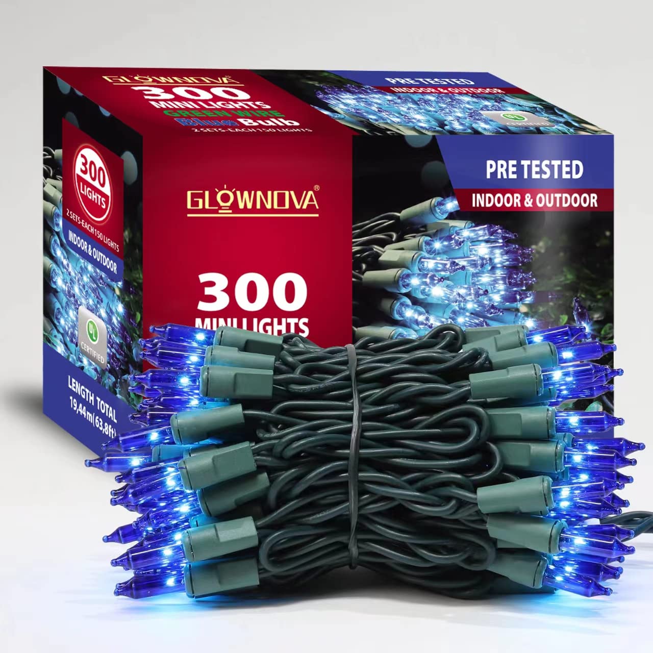 GLOWNOVA 300 Mini String Lights - Green Wire & Blue Incandescent Bulbs for Christmas Tree, Indoor Decor, Wedding, Birthday Party | Festive Holiday, Home, Garden & Event Decoration Lighting