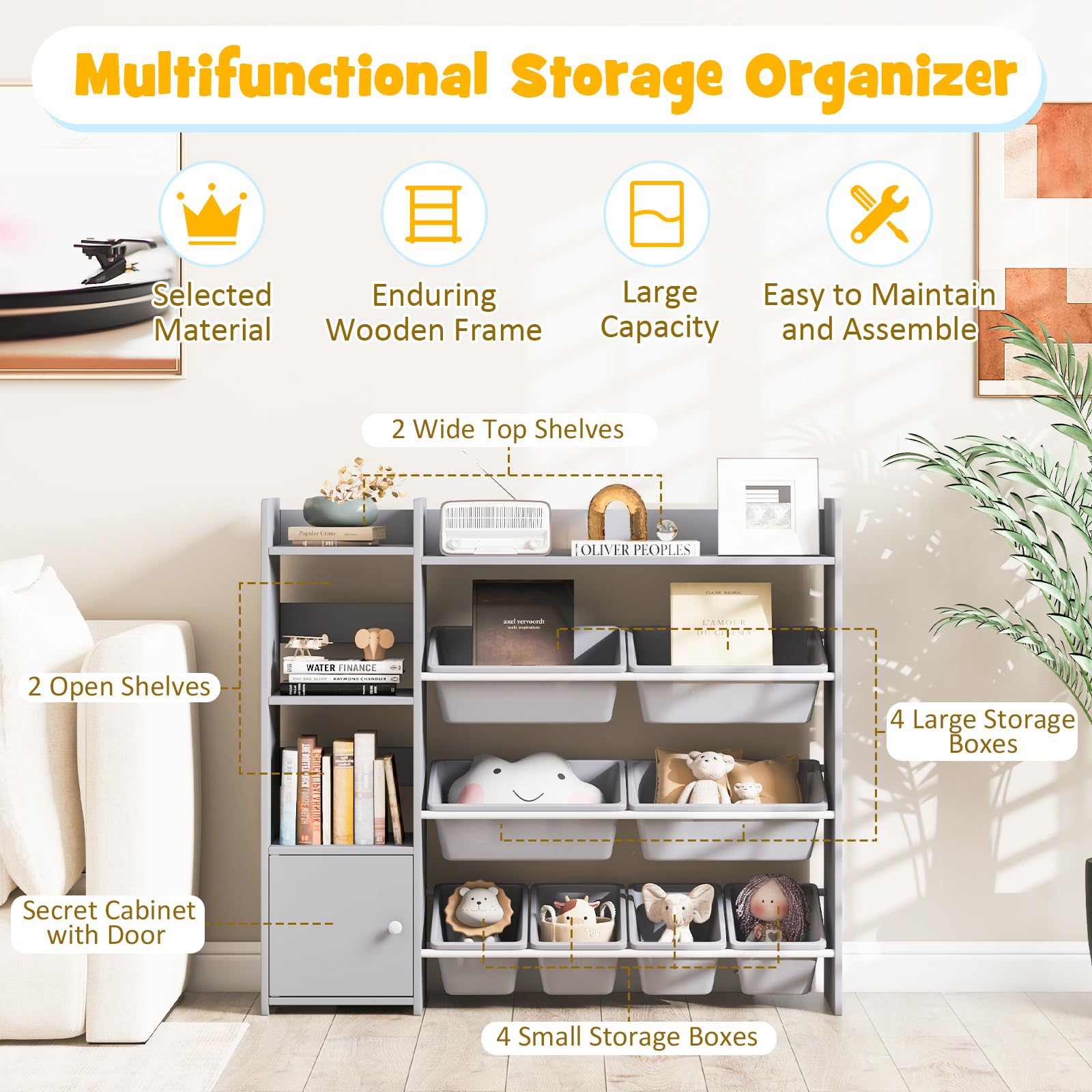 Costzon 4-Tier Kids Bookshelf with 8 Toy Bins - Montessori Toy Storage Organizer with Large Cabinet - Toddler Bookcase for Playroom, Nursery & Daycare - Perfect for Organizing Toys, Books & Learning Materials (Grey)