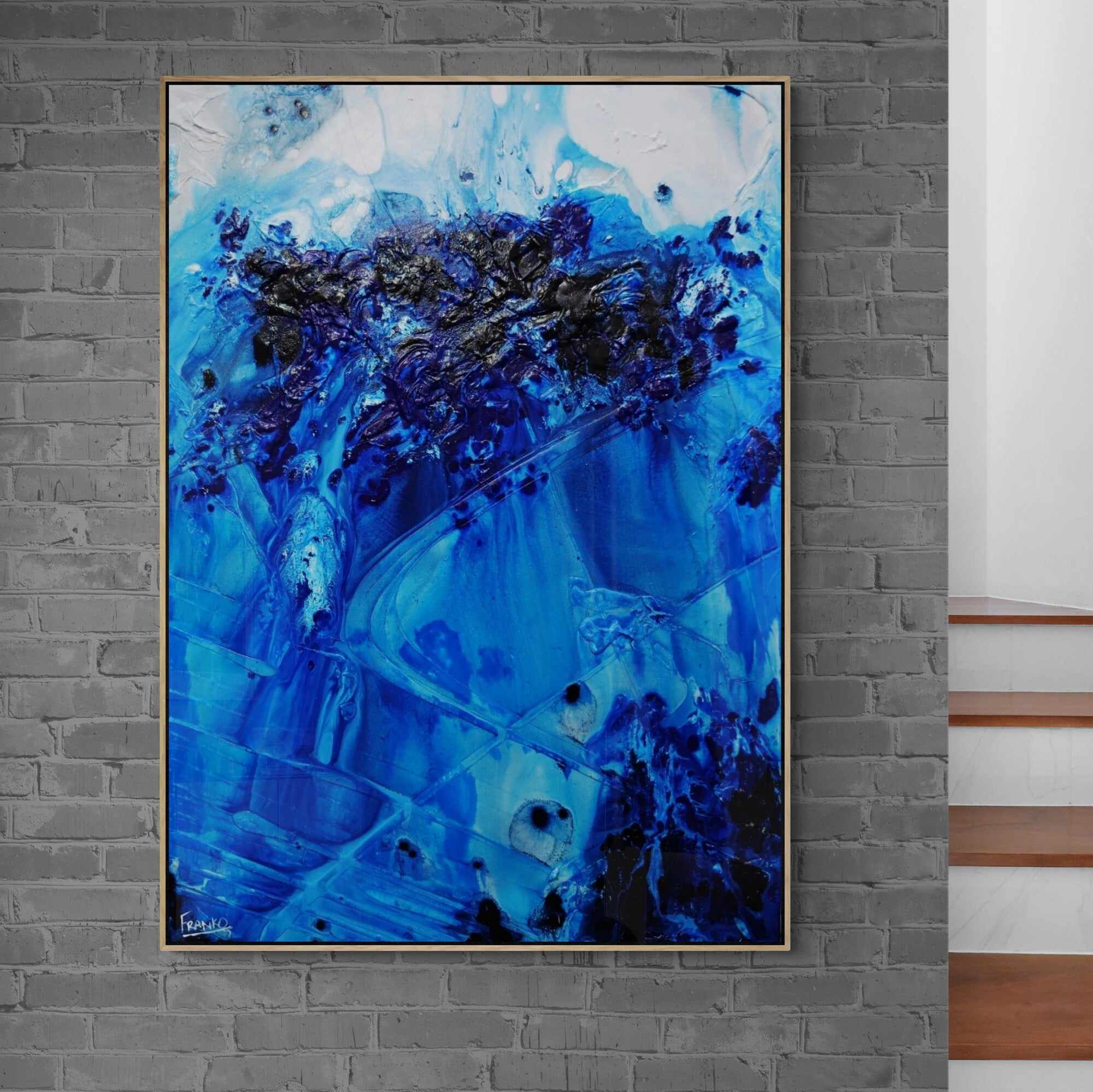 140cm x 100cm Blue White Textured Abstract Canvas Painting - Modern Wall Art for Living Room, Bedroom & Office Decor