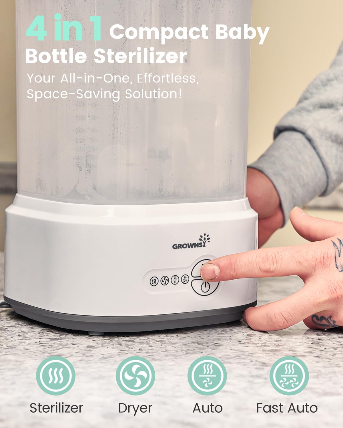 GROWNSY Compact Electric Baby Bottle Sterilizer and Dryer - Steam Sanitizer for Bottles, Pacifiers & Breast Pump Parts | Perfect for Nursery, Travel & Daycare Use