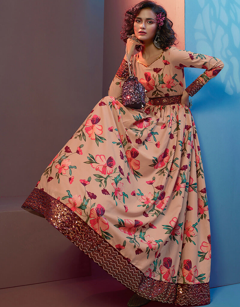 Elegant Beige Natural Crepe Anarkali Gown for Women | Traditional Indian Party Wear | Perfect for Weddings, Festivals & Special Occasions