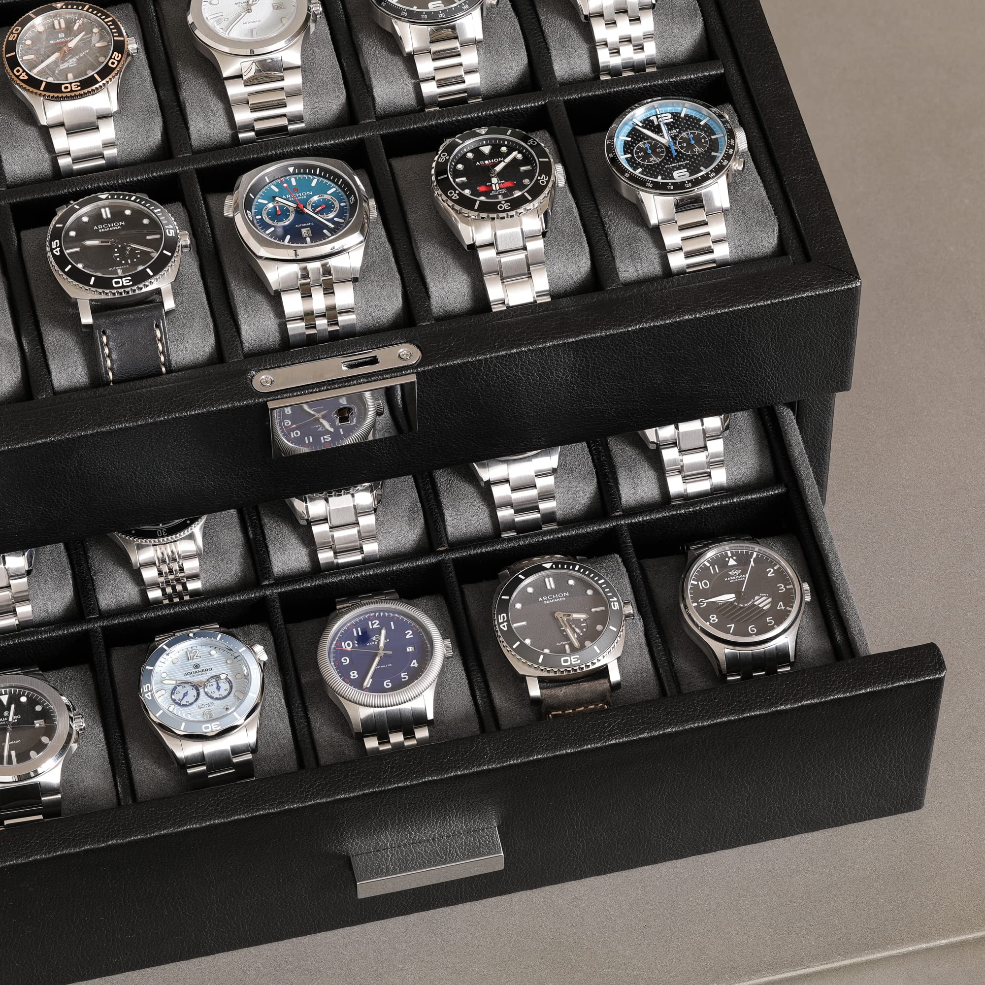 ROTHWELL 20 Slot Leather Watch Box - Premium Jewelry Organizer with Locking Display Case & Real Glass Top - Luxury Watch Storage for Men & Women (Black/Grey) - Perfect for Home, Office & Travel Accessory Organization