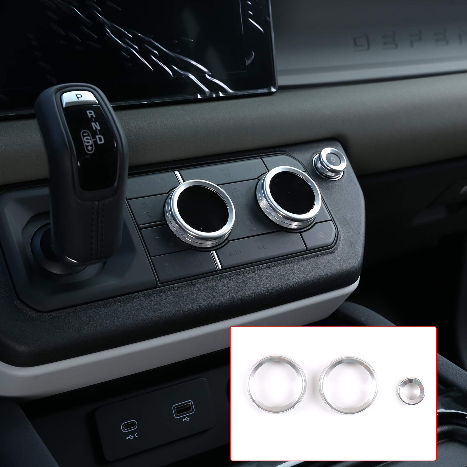 Premium Aluminum Alloy Car Interior AC & Volume Knob Covers - Compatible with 2020 Land Rover Defender 110 - Stylish Silver Trim Accessories | Perfect for Customization & Interior Protection