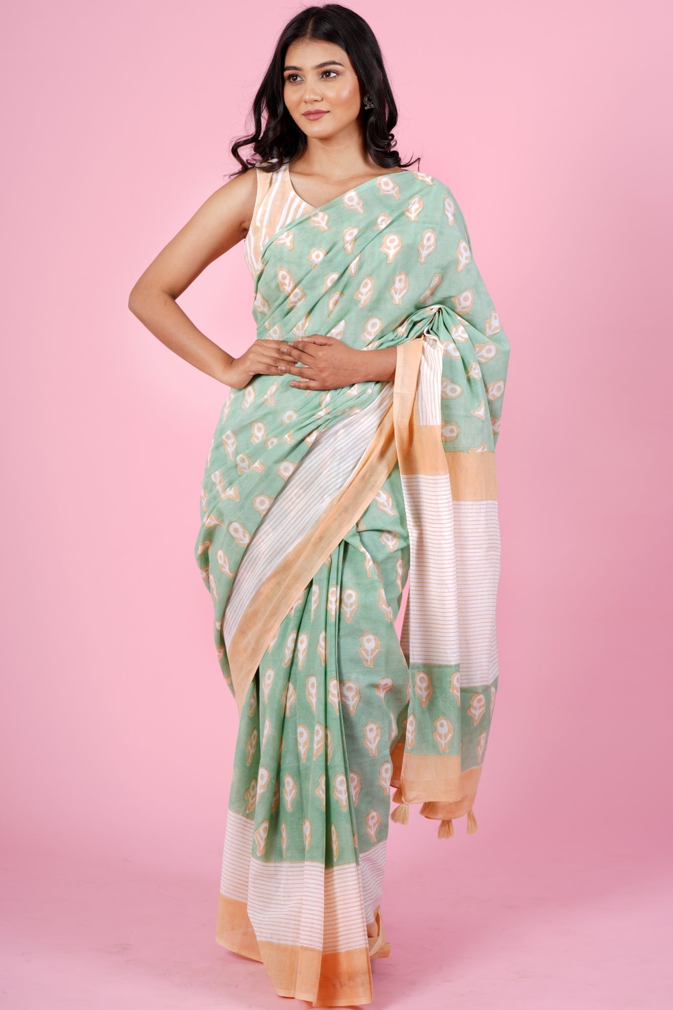 Mandevilla Piast Handblock Print Mul Cotton Saree - Elegant Traditional Indian Wear for Weddings, Festivals & Special Occasions