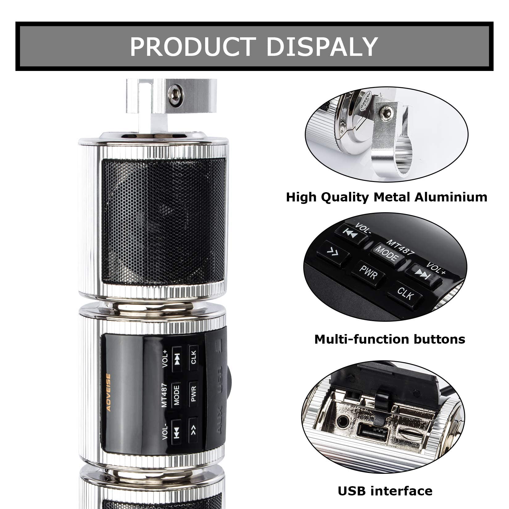 PSLER Waterproof Bluetooth Motorcycle Speaker - Handlebar Mount Stereo Sound System with FM Radio & MP3 Player for Motorcycle, Scooter, Bike, ATV - Perfect for Outdoor Adventures & Road Trips (Silver)