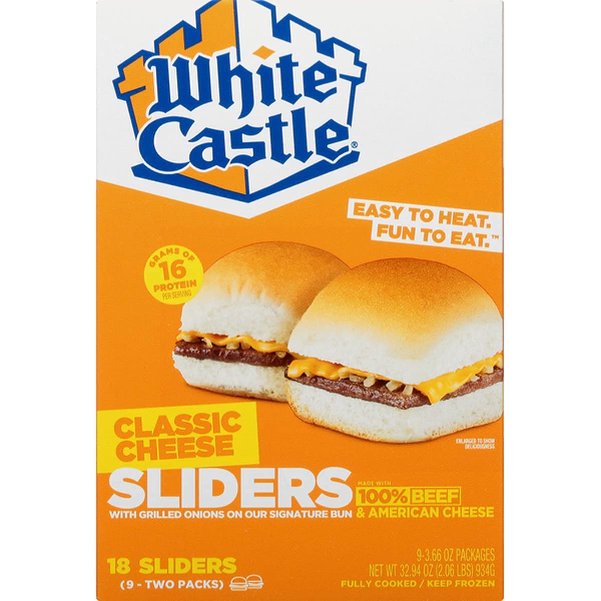 Gourmet Kitchn White Castle Classic Cheese Sliders - 2 Boxes (18 Sliders Per Box, 36 Total) with Grilled Onions on Signature Buns | Ready-to-Eat Mini Burgers for Parties, Game Nights & Quick Meals | Supports Donate a Meal Program