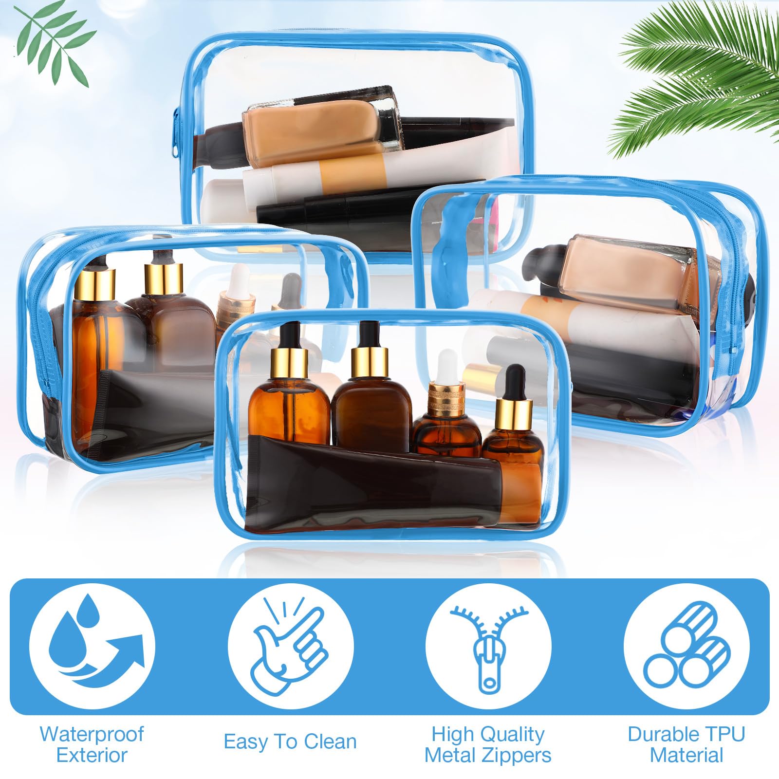 Saintrygo 18 Pack Clear Makeup Bags 7x5 Inch - PVC Cosmetic Travel Organizer with Zipper - Waterproof Toiletry Pouches for Women & Men - Perfect for Travel, Vacation, Bathroom Storage (Clear with Blue Border)