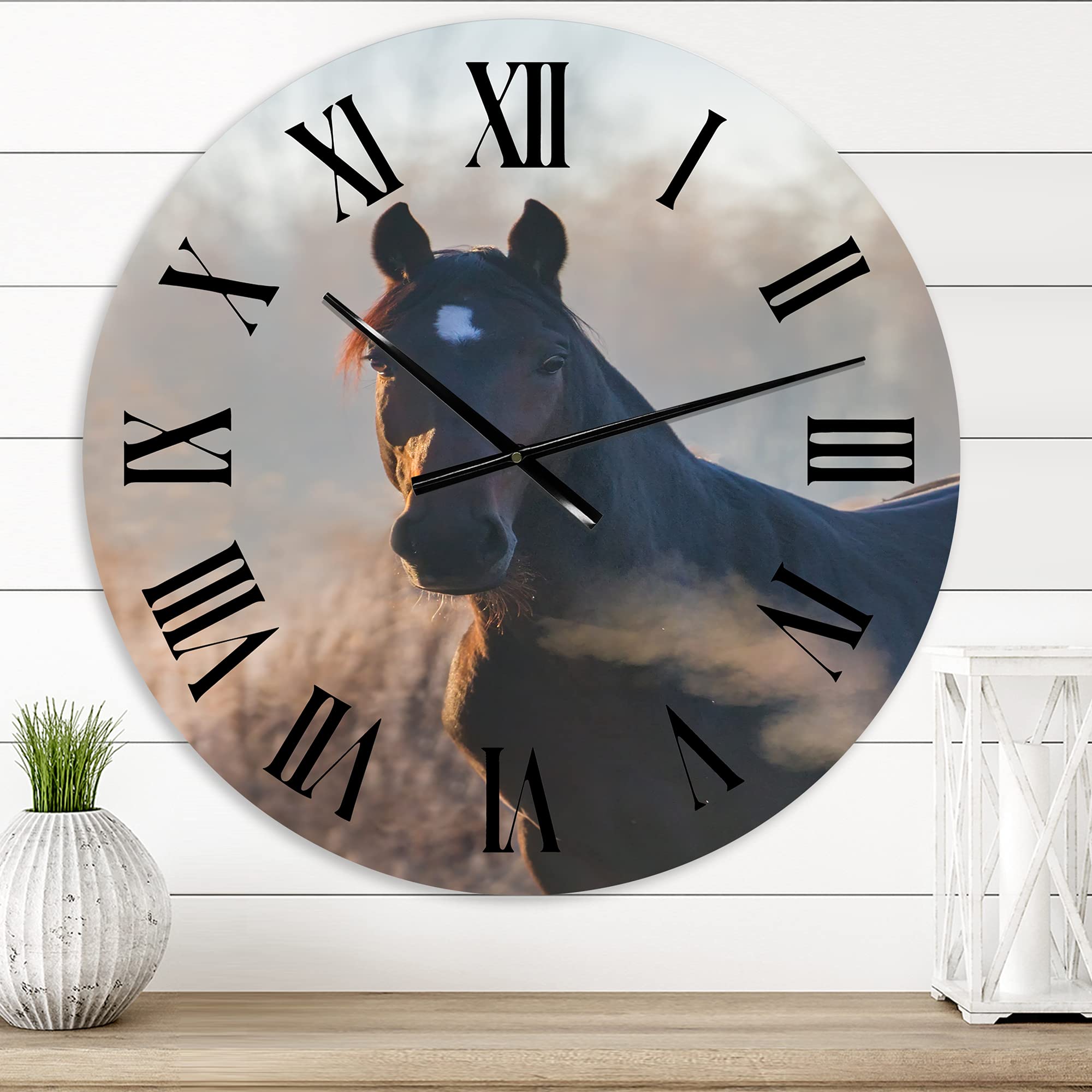 Farmhouse Wall Clock - Large Vintage Horse Portrait on Autumn Morning - Rustic Animal Wall Clock for Kitchen, Living Room, Office Decor | Perfect for Country Home, Cabin & Farmhouse Style Interiors