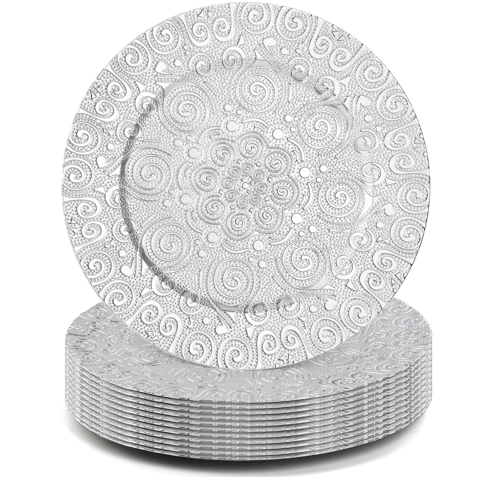 SOUJOY 12 Pack 13 Inch Silver Plastic Charger Plates - Elegant Round Phoenix Pattern Serving Dishes for Weddings, Parties, Anniversaries & Thanksgiving - Perfect for Formal Dining, Buffet Settings & Holiday Decor