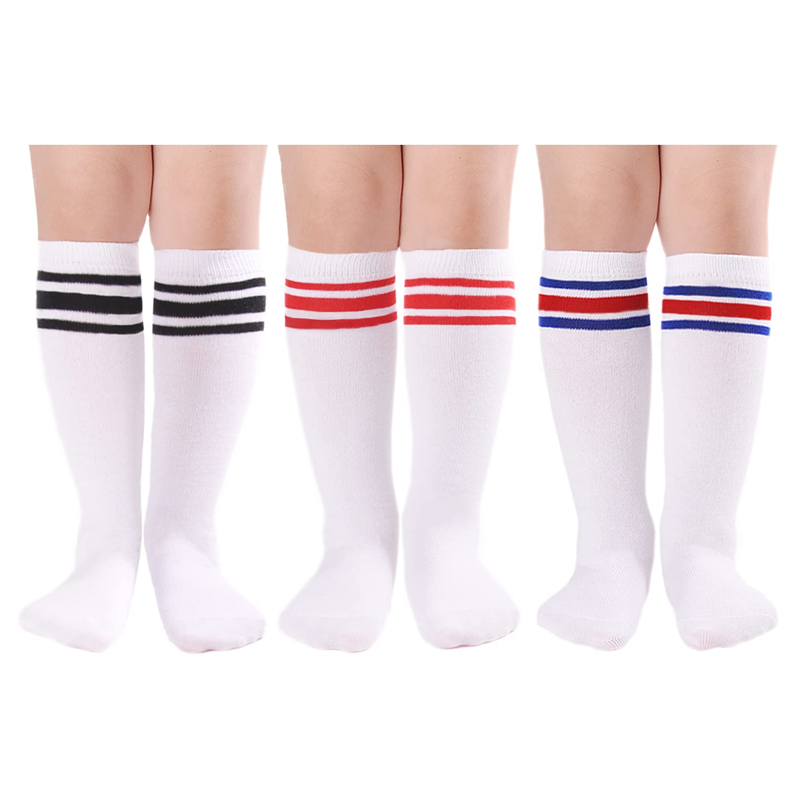 **Boys Girls Cotton Knee High Soccer Socks - 2/3/6 Pairs Pack, Striped Sports Socks for Kids & Toddlers - Perfect for School Uniforms, Soccer Games & Daily Play**