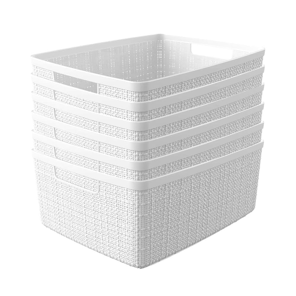 Curver Jute Decorative Plastic Storage Baskets - Set of 6 Organizing Bins for Home Office, Closet Shelves, Kitchen Pantry & Bedroom Essentials | Perfect for Home Organization, Laundry Room Storage & Kids' Toy Bins