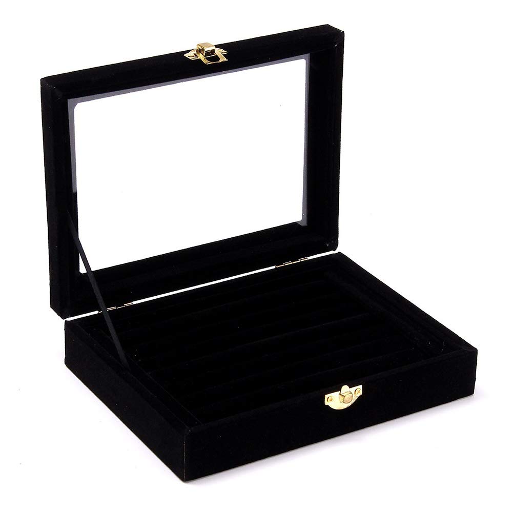 FublousRR5 Velvet Wooden Jewelry Display Box - Ring, Earring, Necklace Organizer with Black Velvet Tray for Jewelry Storage and Showcase - Perfect for Retail Stores, Boutiques, and Home Jewelry Organization