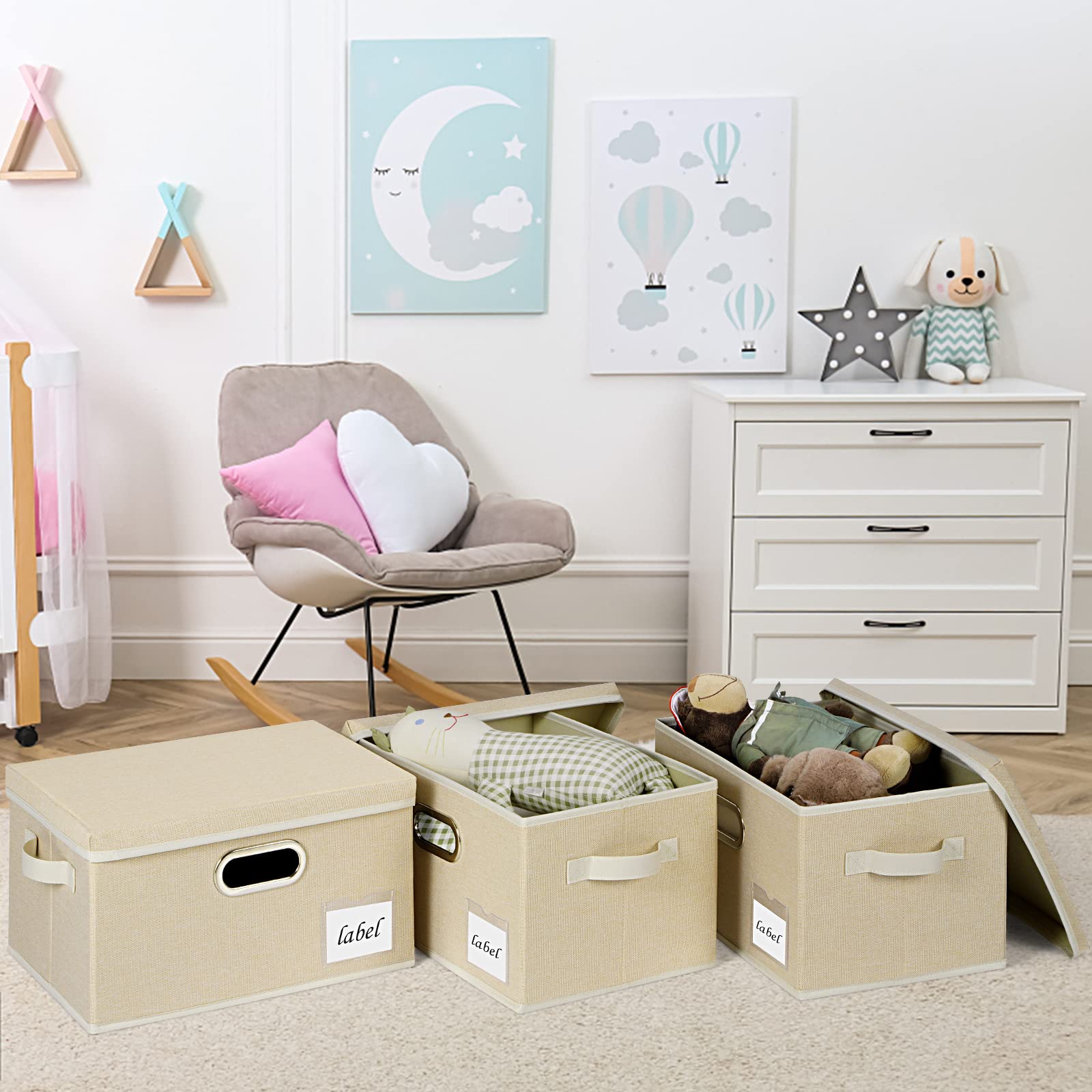 Large Foldable Fabric Storage Bins with Lids & Handles - Organizing Baskets for Closet, Bedroom & Office - Labeled Linen Storage Boxes for Clothes, Toys & Home Organization (Beige)