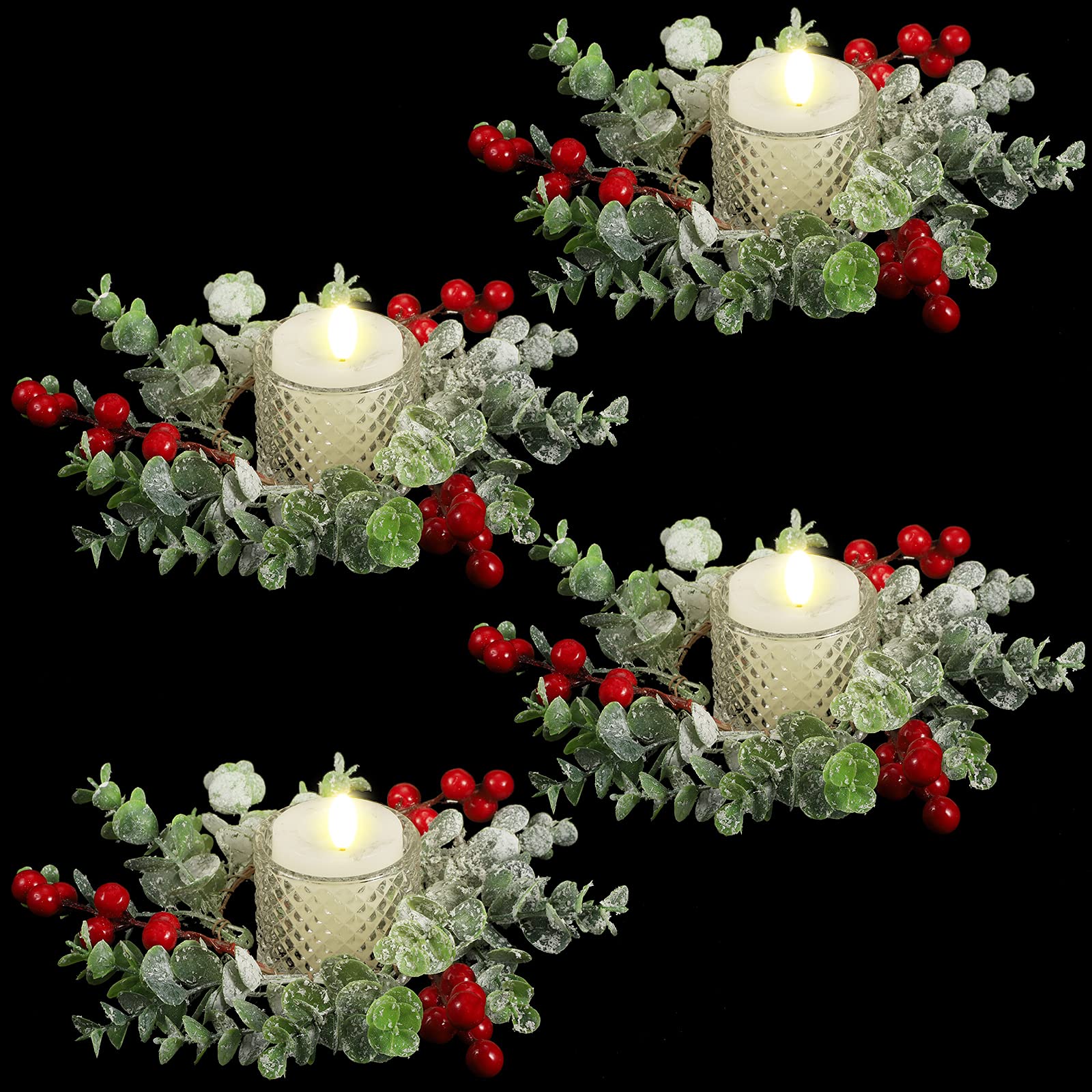 Christmas Candle Rings Wreaths - 8 Pack Holiday Decor for Kitchen Cabinets, Tables, Windows & Walls - Xmas Wreath Centerpieces for Pillar Candles, Chairs & Festive Home Decor