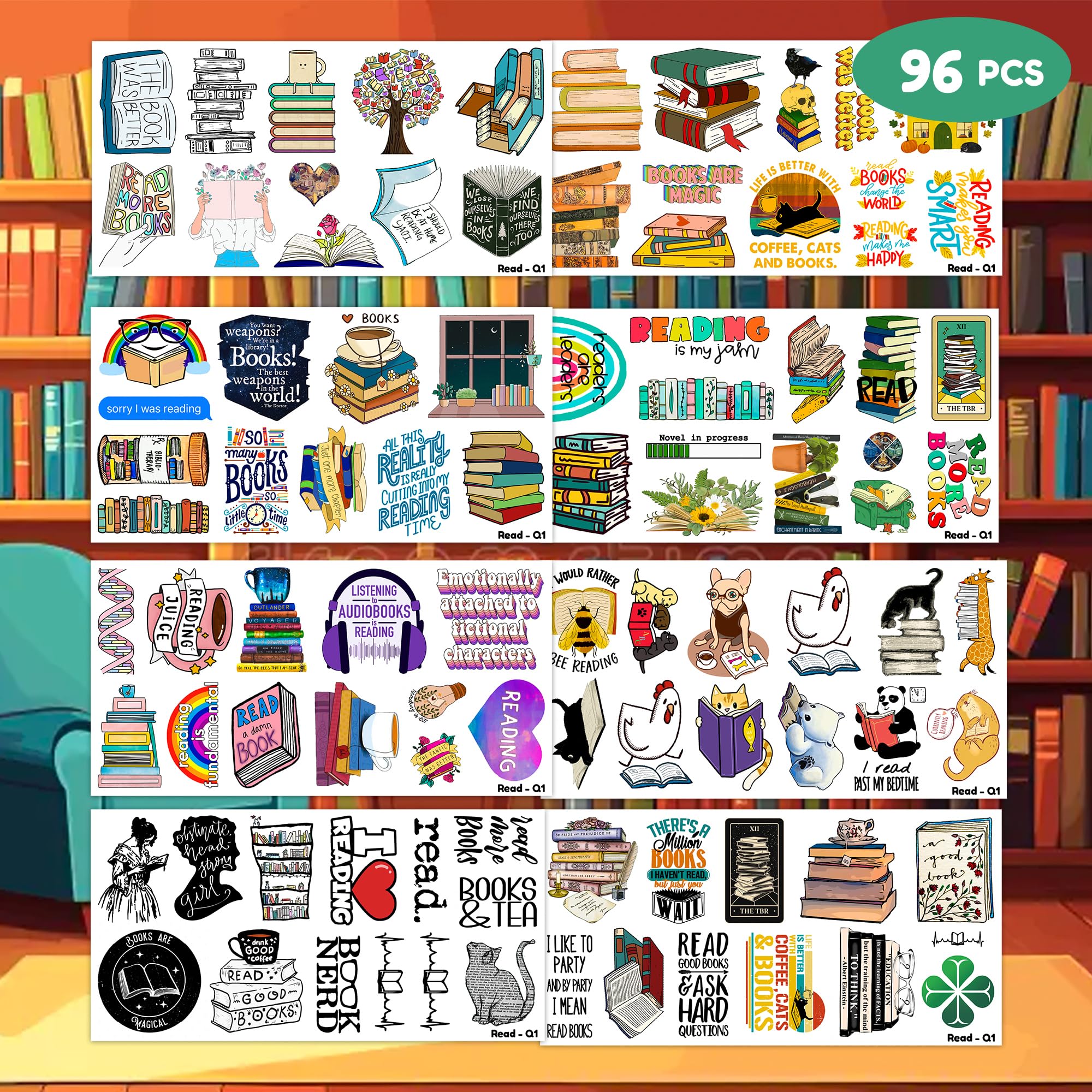 96-Piece Funny Reading Bookish Nerd Temporary Tattoos - Inspirational Stickers for Kids, Girls, Boys & Teachers - Perfect for Birthday Parties, School Rewards & Book-Themed Decorations