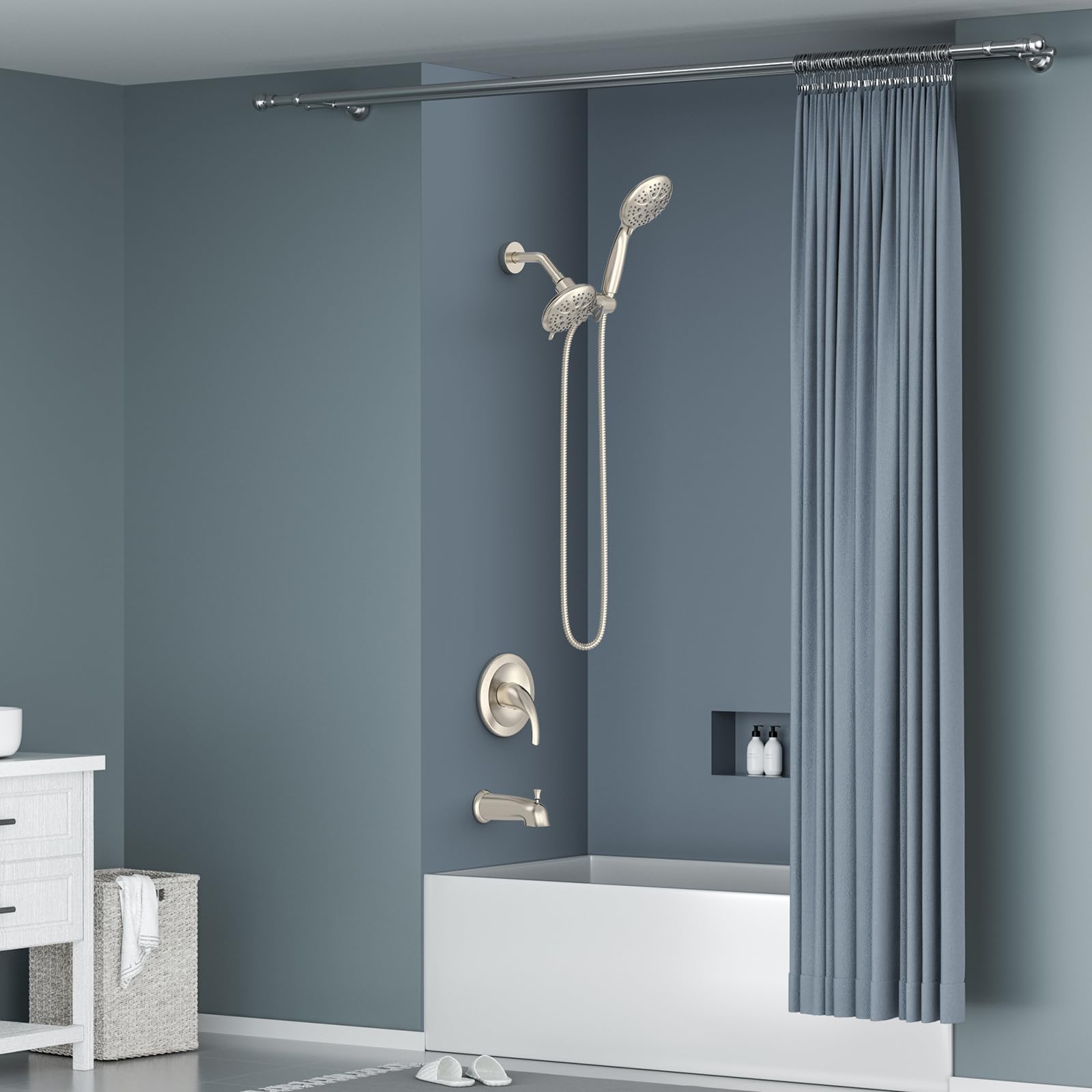 SR SUN RISE 35-Function Dual Shower System with Rain Shower Head & Tub Spout - High Pressure 2-in-1 Shower Combo Faucet Set in Brushed Nickel - Includes Patented 3-Way Diverter Valve - Perfect for Bathroom Renovation & Spa-Like Shower Experience