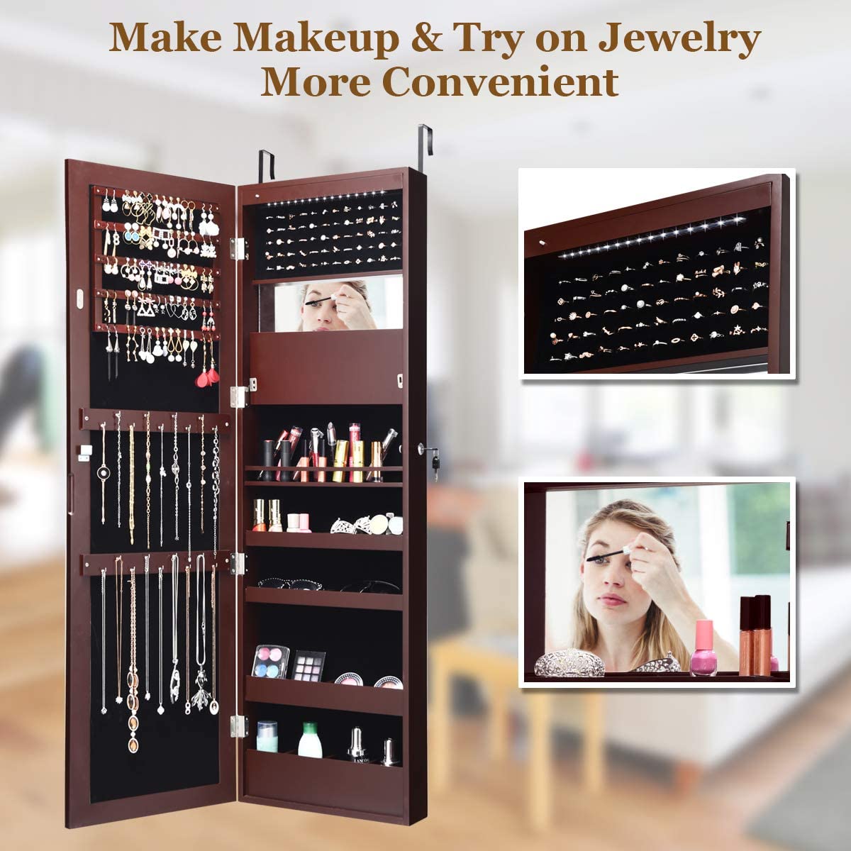 MAT EXPERT 15-LED Lighted Jewelry Armoire with Full-Length Mirror - Lockable Wall/Door Mounted Jewelry Cabinet Organizer for Bedroom, Dressing Room & Makeup Display - Brown (Perfect for Small Spaces & Gift Giving)