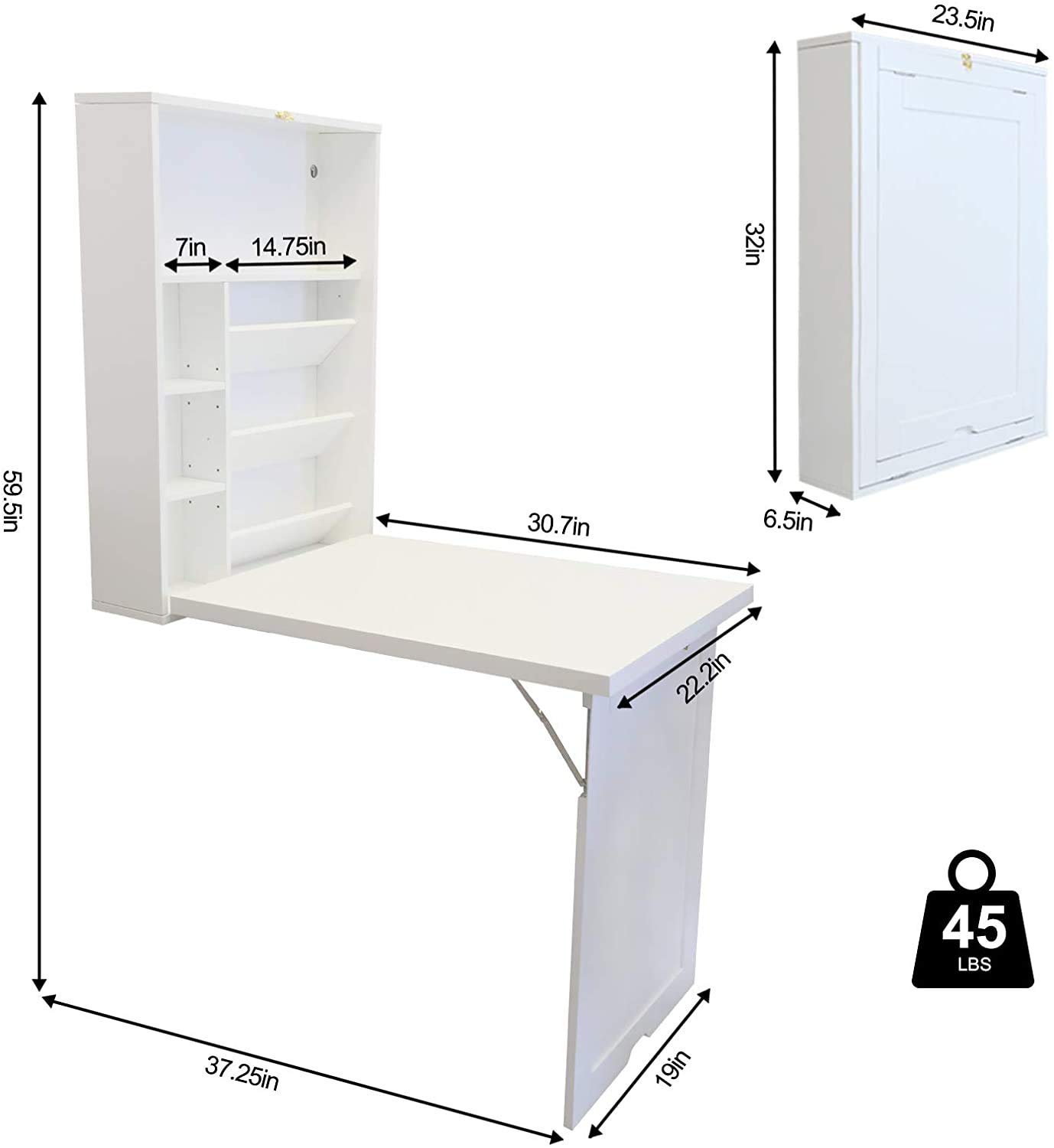Space Saving Wall Mounted Desk - Convertible Floating Desk with Storage Shelf, Multi-Function Fold Out Computer Desk for Home Office (White) - Perfect for Small Spaces, Apartments & Dorm Rooms