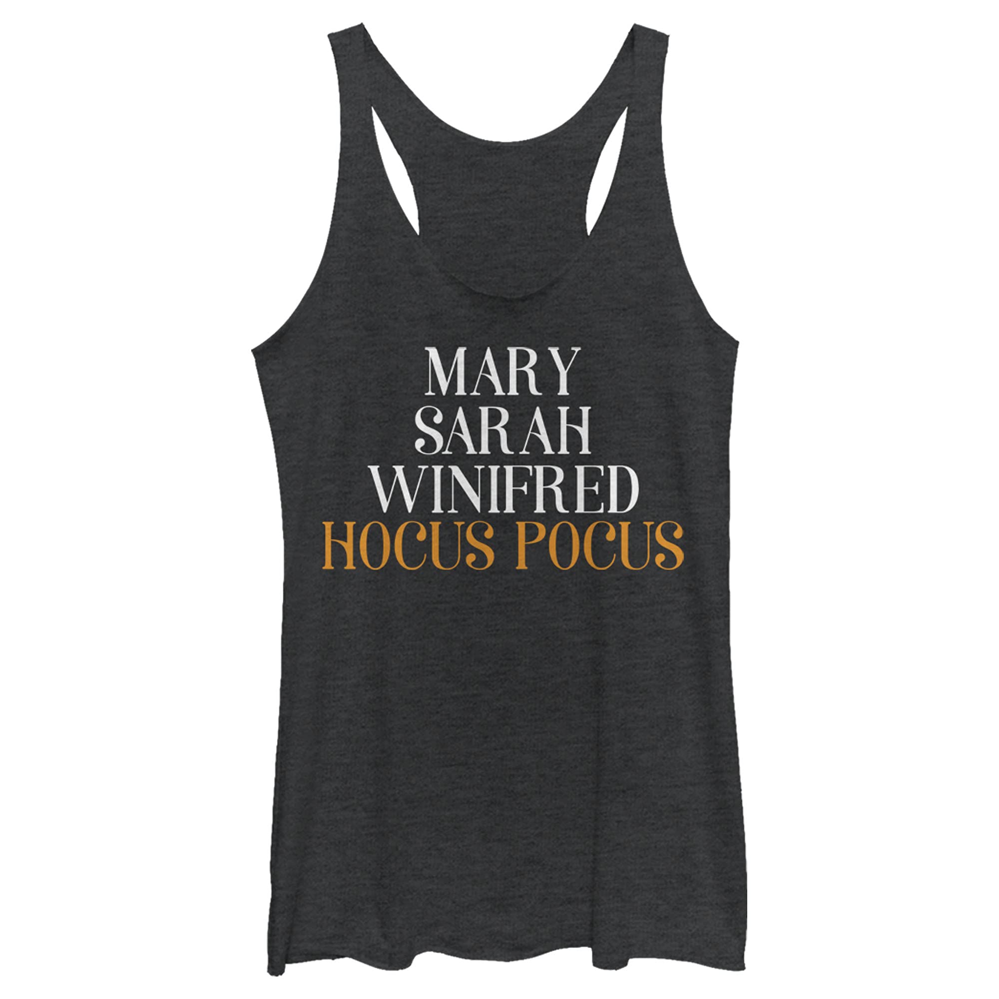Fifth Sun Women's Hocus Pocus Name Stack Tri-Blend Racerback Layering Tank Top - Soft Vintage Style Tee for Casual Wear, Halloween Costumes & Disney Fan Outfits
