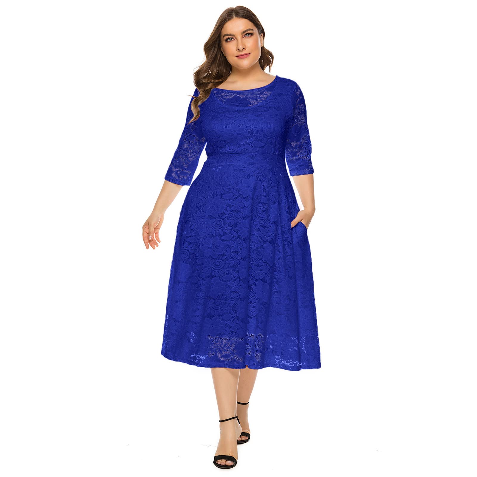 Plus Size Vintage Lace 3/4 Sleeve Midi Swing Dress for Women - Elegant Evening Party, Cocktail, Wedding & Bridesmaid Occasions