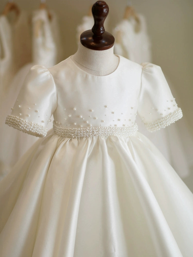 Princess Round Tea Length Satin Flower Girl Dress - White Flower Girl Dress for Weddings, Birthday Parties & Special Occasions