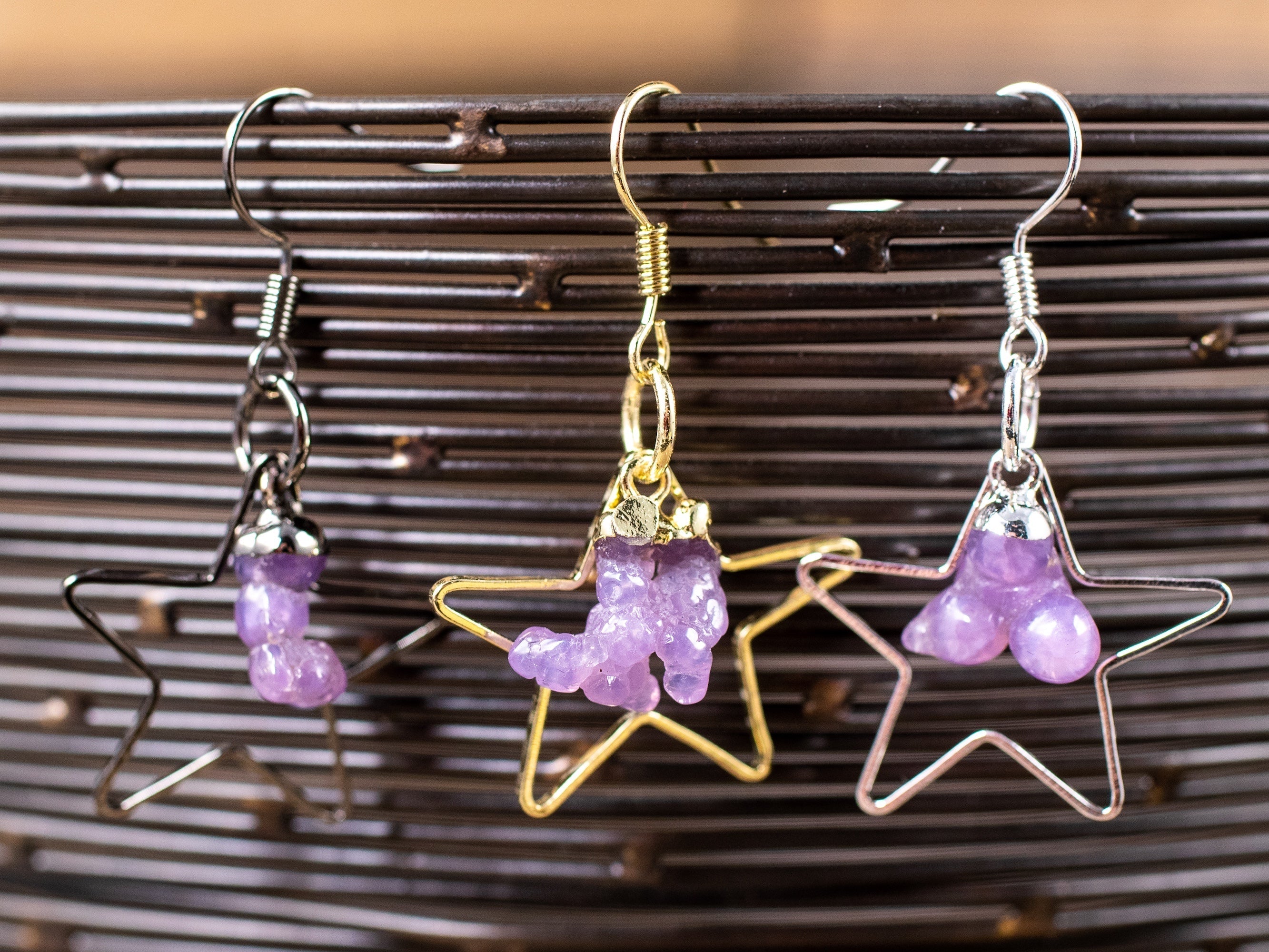Grape Agate Crystal Hoop Earrings - Natural Gemstone Dangle Earrings, Handmade Star Hoop Jewelry for Women (E1792) | Perfect for Boho Style, Gift Giving & Special Occasions