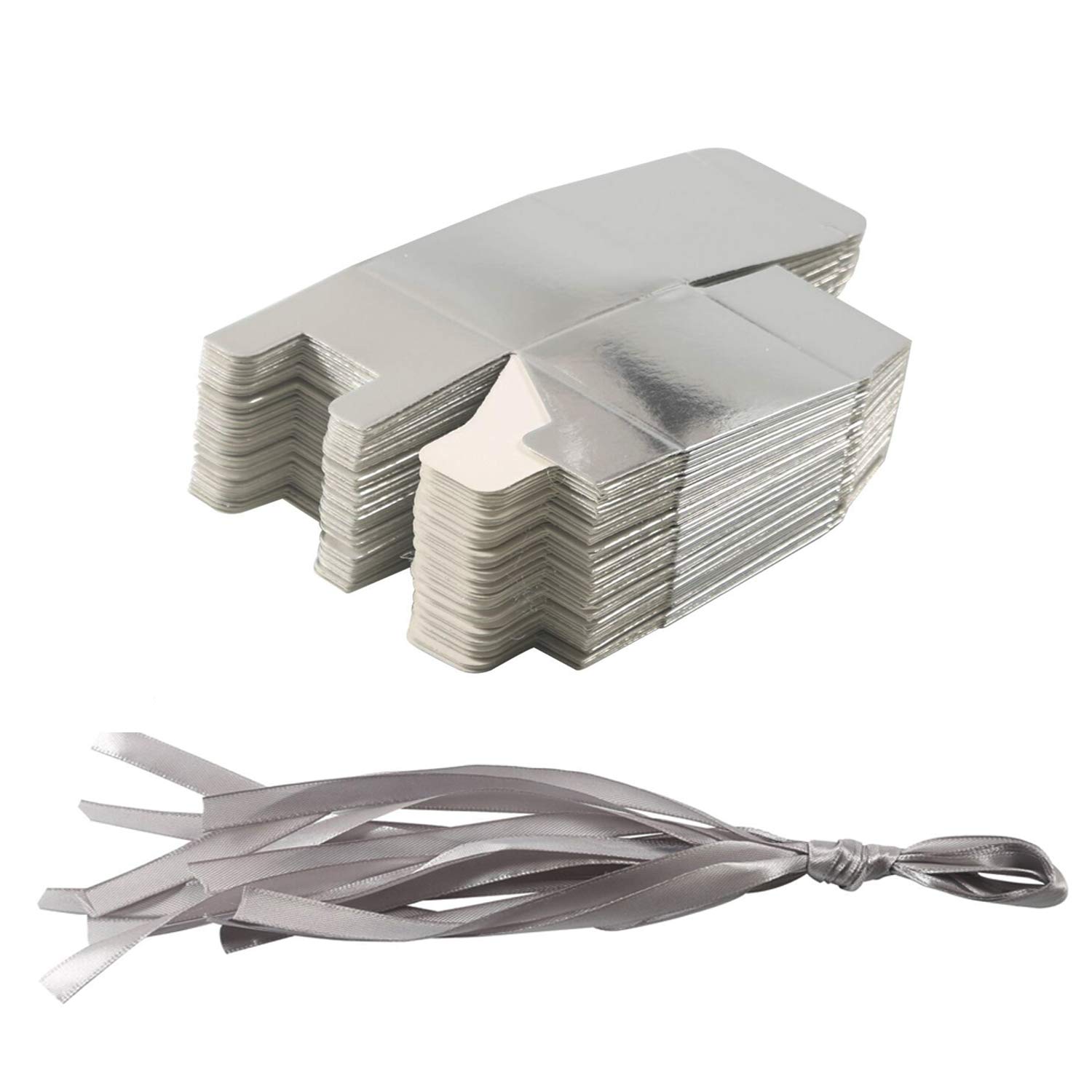 KPOSIYA 100 Pack 2x2x2 Inch Silver Favor Boxes with Ribbons - Small Candy Gift Boxes for Wedding, Baby Shower, Birthday Party Decorations & Party Supplies - Perfect for Candy, Jewelry, Wedding Favors, Baby Shower Gifts, and Party Treats